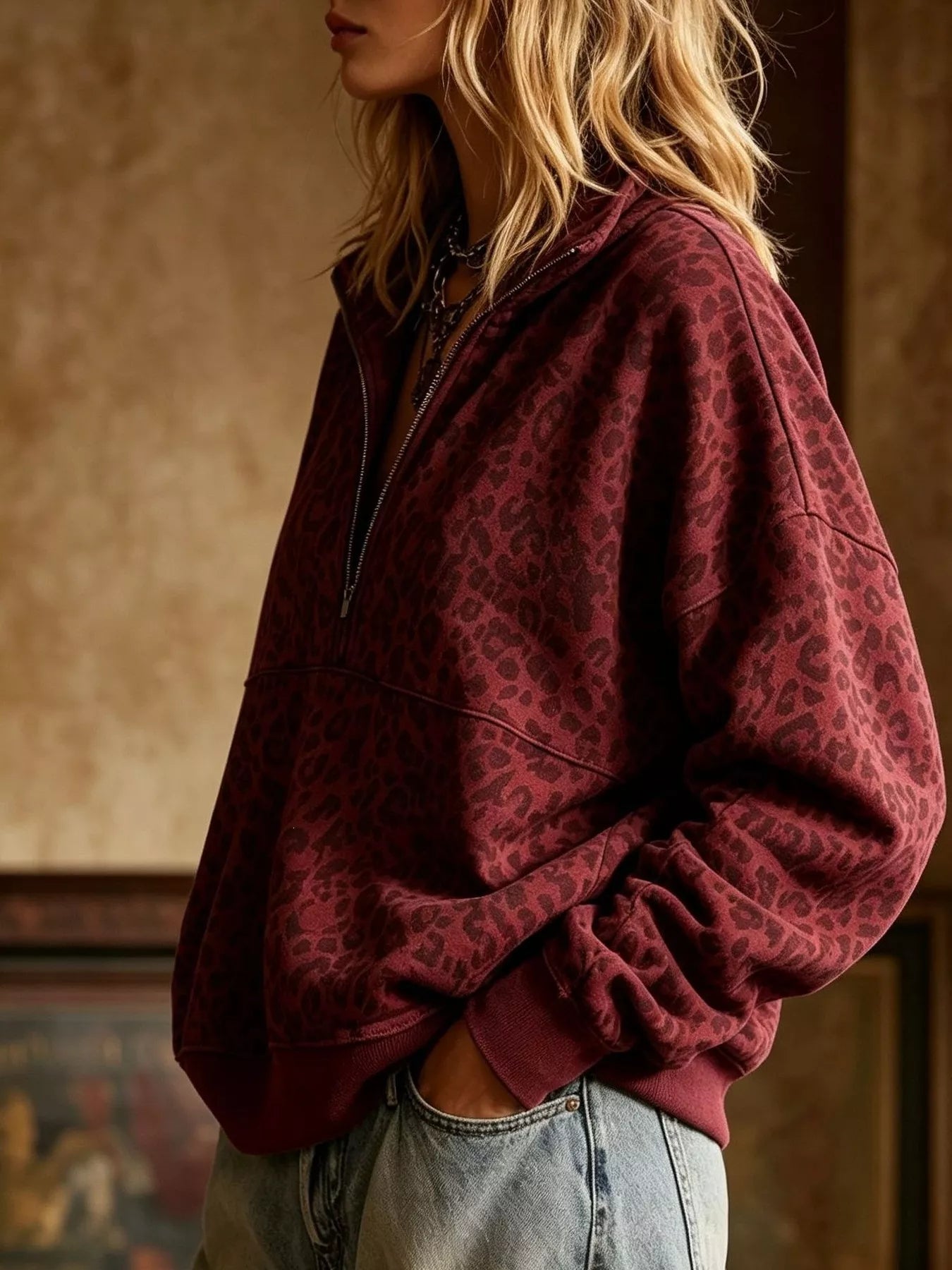 Trendsi Leopard Half Zip Oversized Sweatshirt -