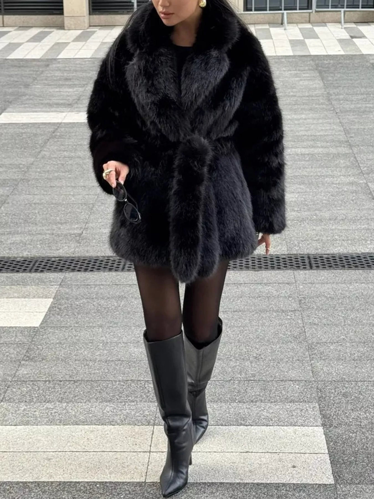Faux Fur Belted Coat in black