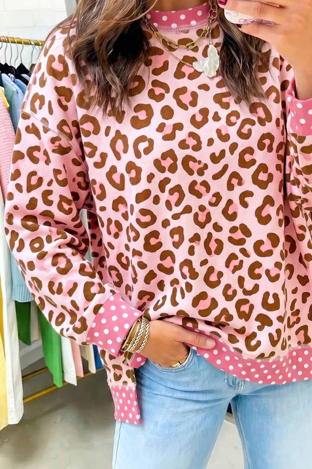 Trendsi Polka Dot Contrast Trim Leopard Round Neck Sweatshirt -
