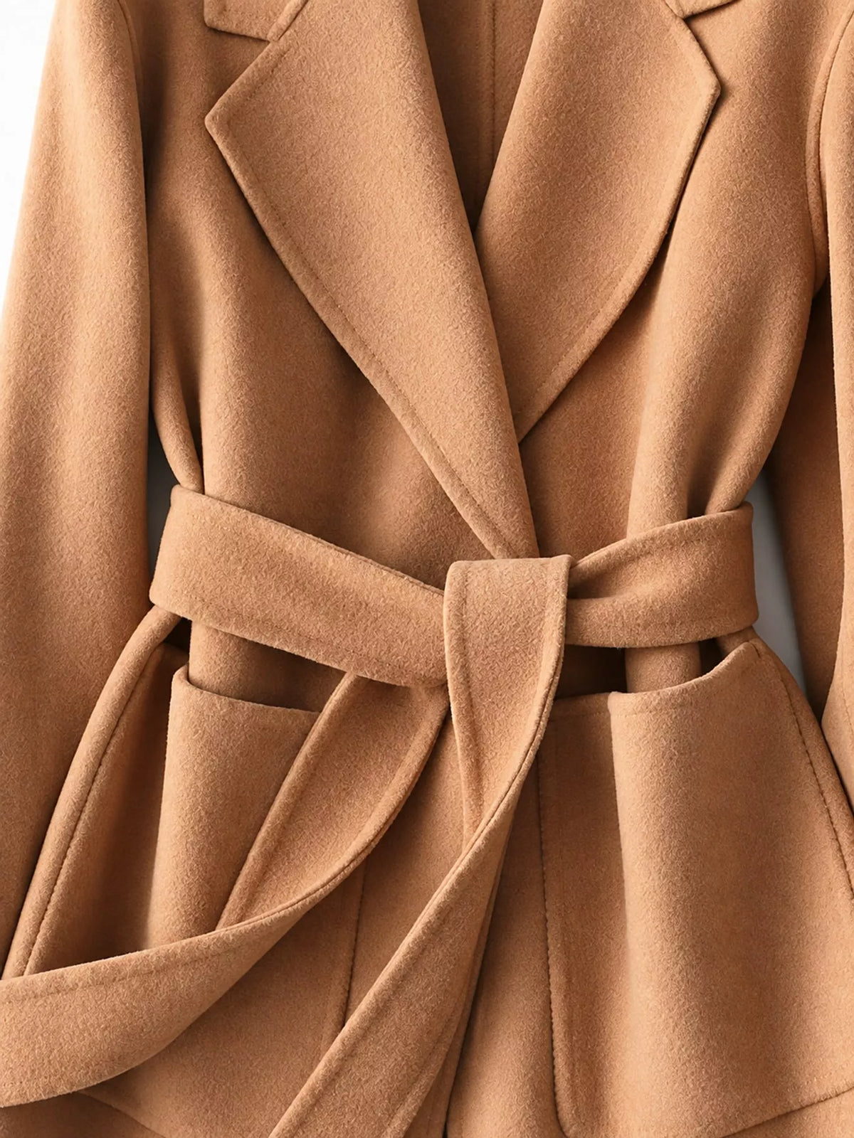 Camel belted double-sided wool coat, lapel, tie belt, and patch pockets