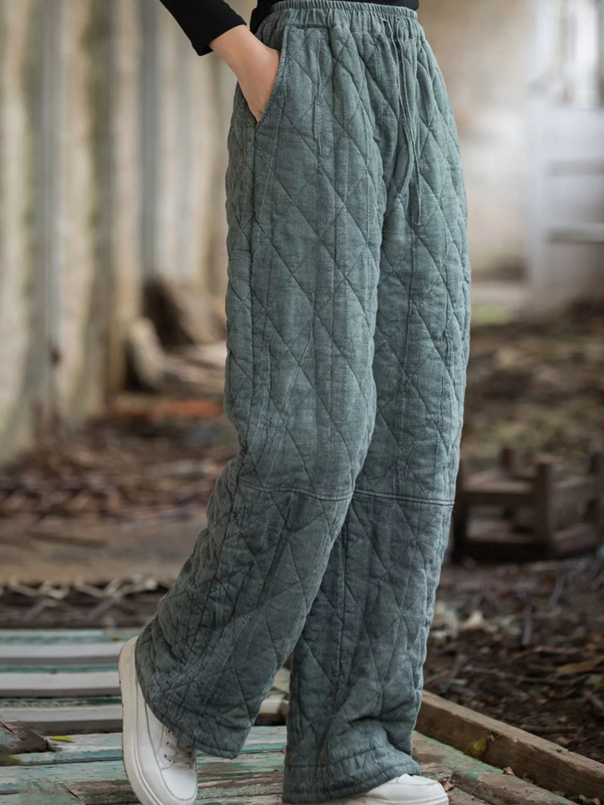 Teal quilted wide-leg pants, side view
