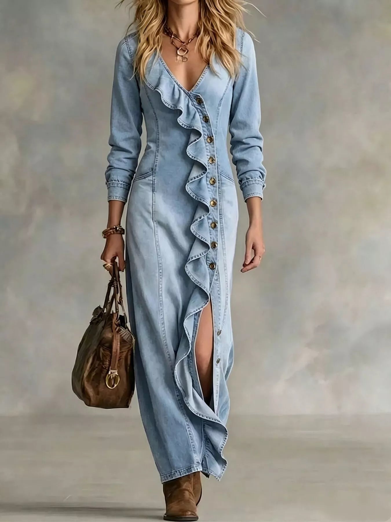 Trendsi Ruffled V-Neck Denim Maxi Dress -