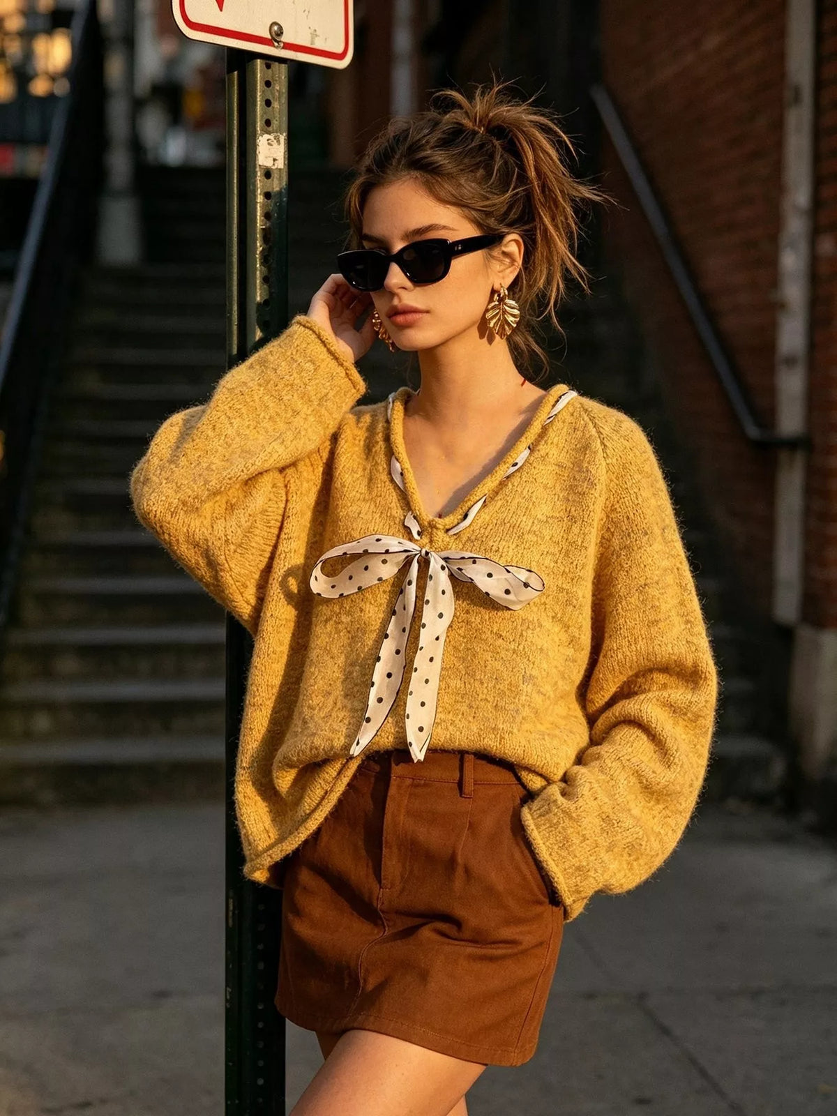 Yellow v-neck knit top with polka dot ribbon tie, front with raised hand.