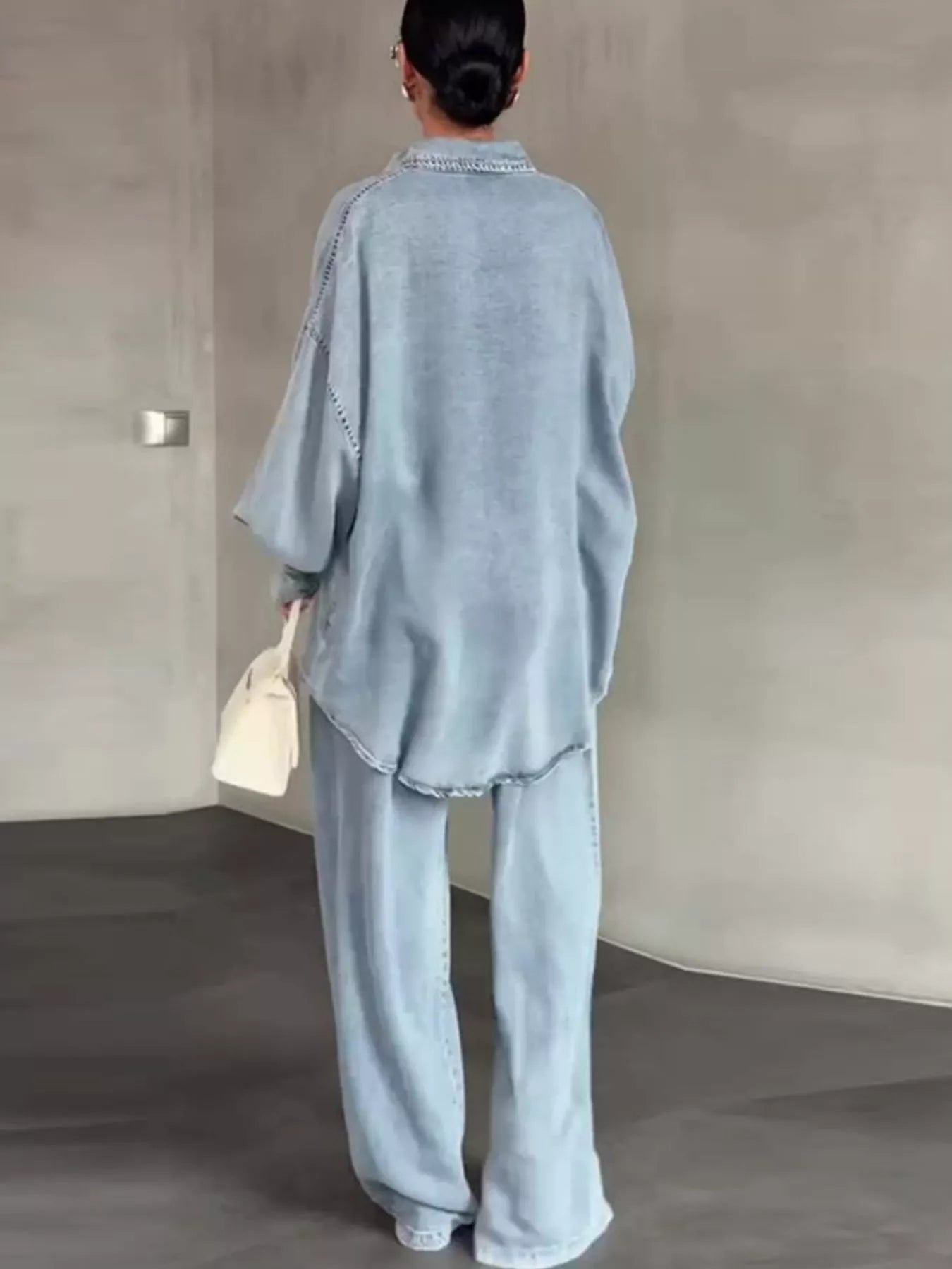 Trendsi Wash Button Up Shirt and Wide-Leg Pants Denim Set -