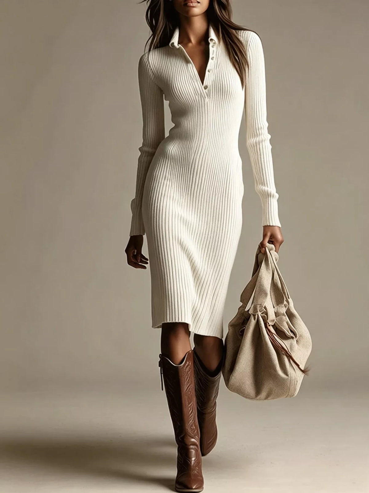 Ribbed Knit Polo Sweater Dress in white