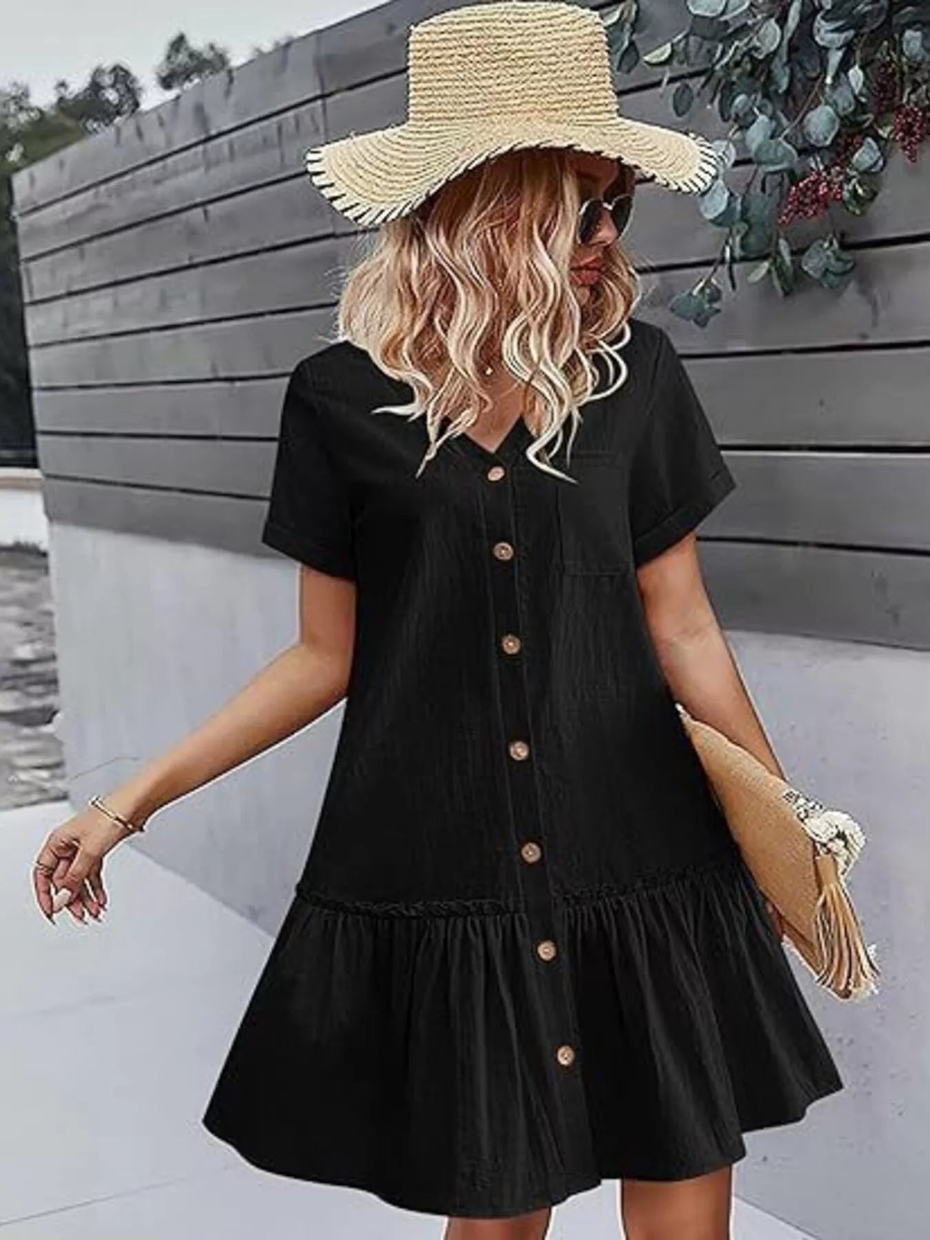 Trendsi Full Size Button-Down Ruffle Hem Mini Dress Plus Size -