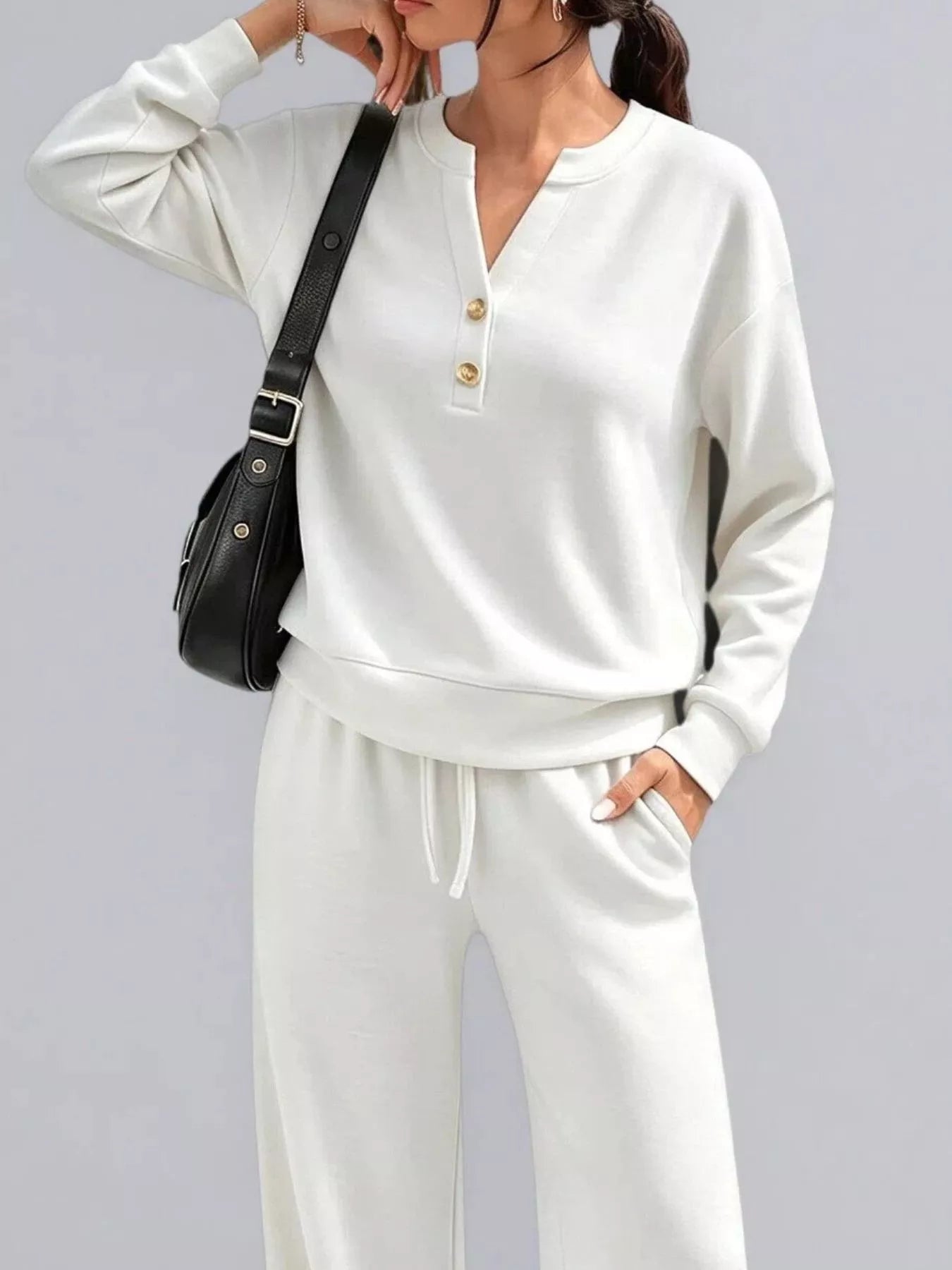 Button-detail dropped-shoulder top and pants set