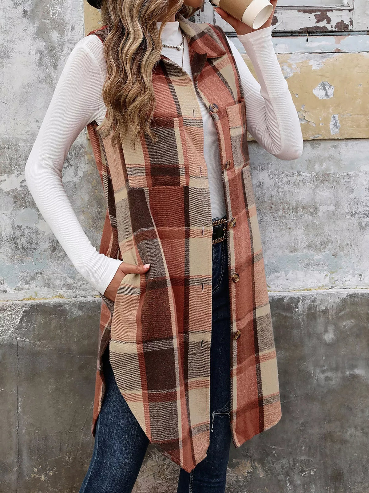 Longline Plaid Button-Down Vest Coat in rust and beige