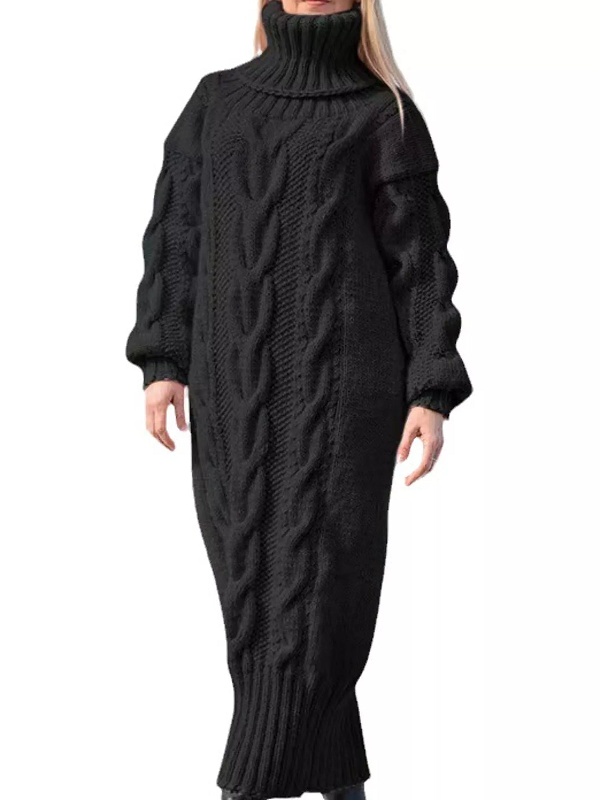 Black oversized cable knit turtleneck sweater dress
