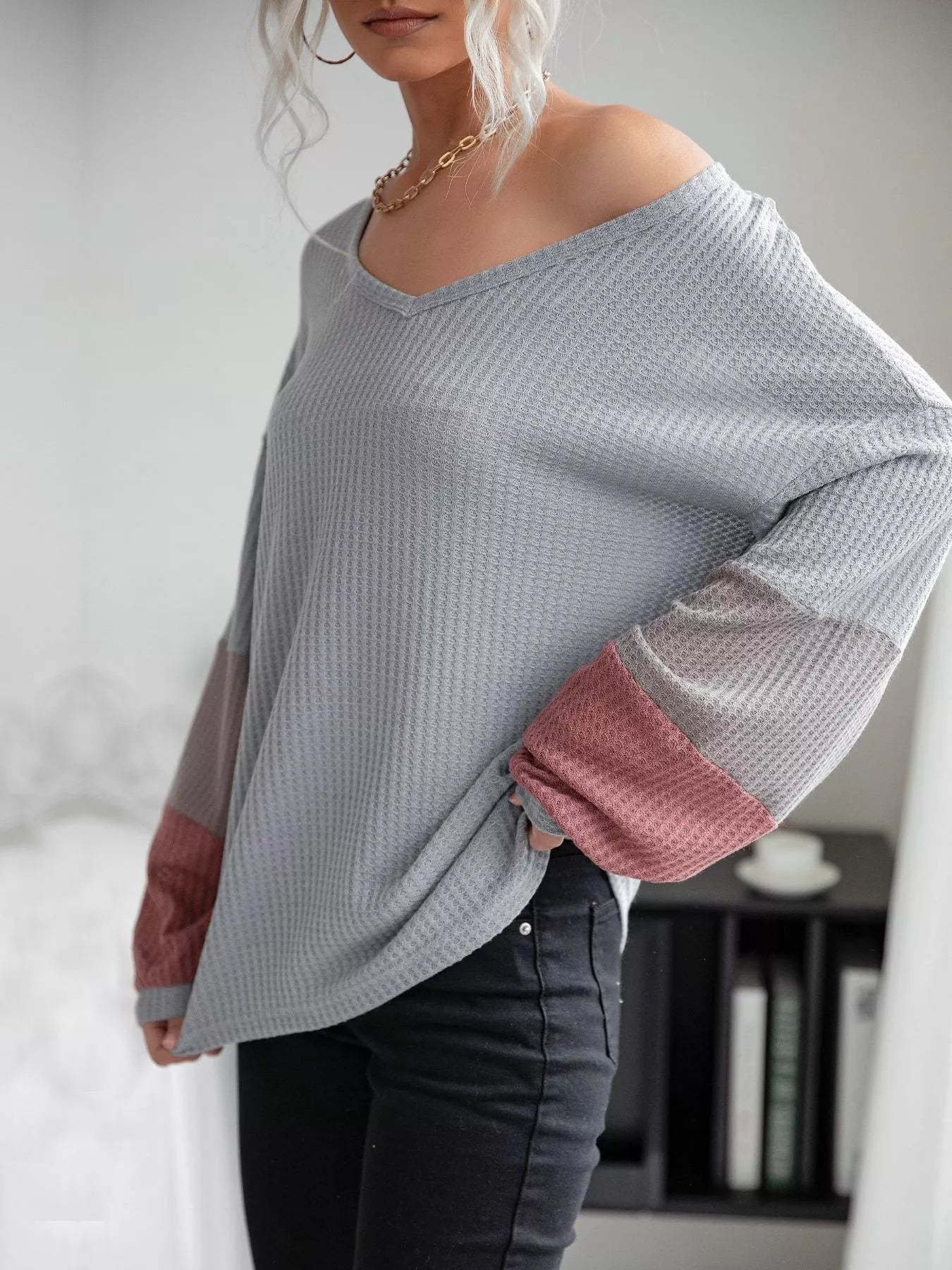 Trendsi V-Neck Waffle Knit Long Sleeve T-Shirt -
