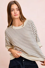 Trendsi BiBi Stripes Short Sleeves Rib Banded Outseam Knit Top -