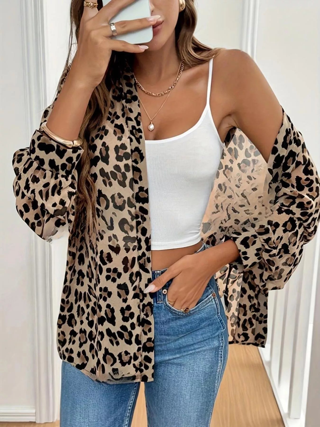 Trendsi Leopard Print Button-Down Long Sleeve Shirt -