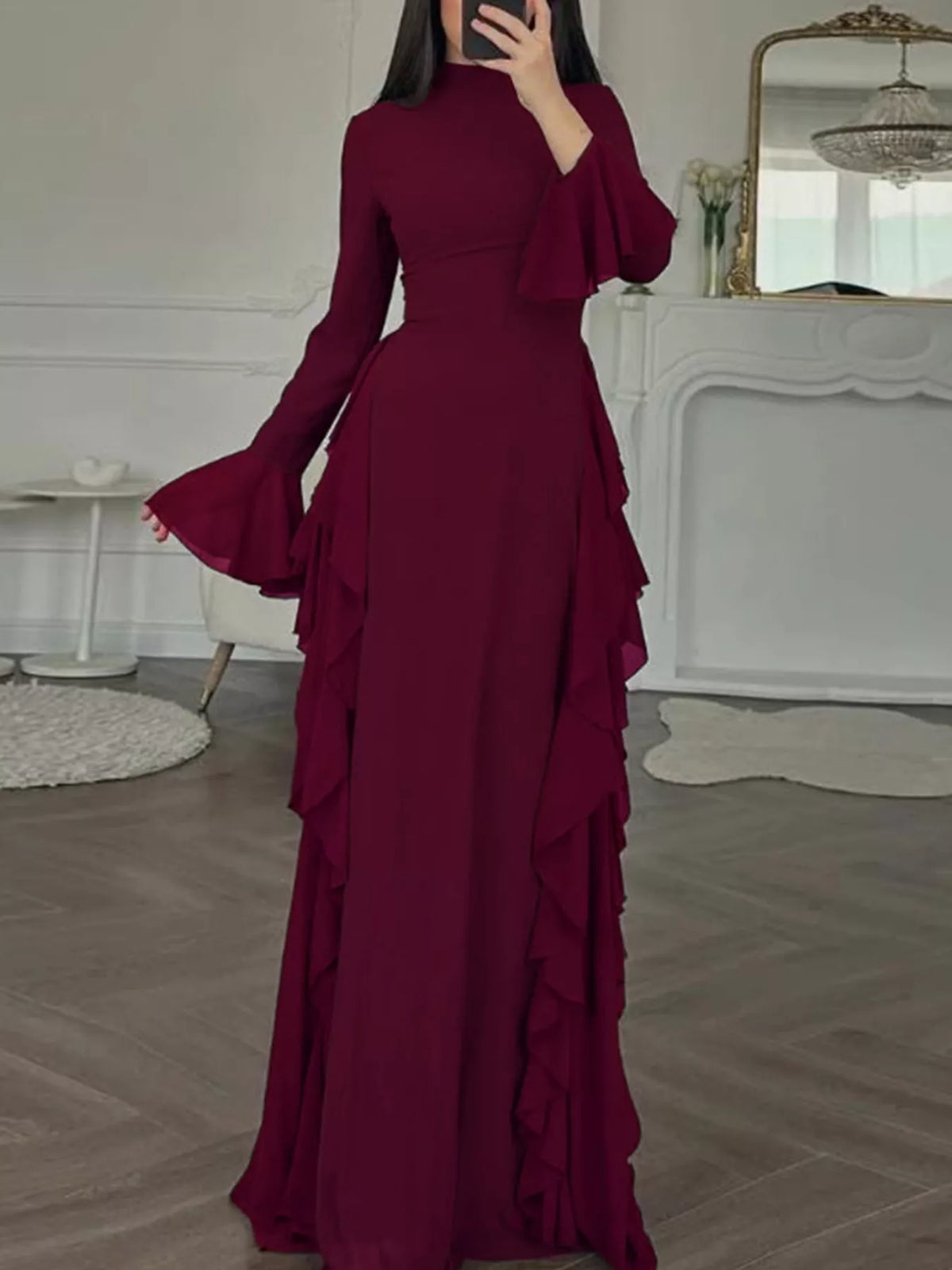 Mock neck long sleeve maxi dress, front view on model