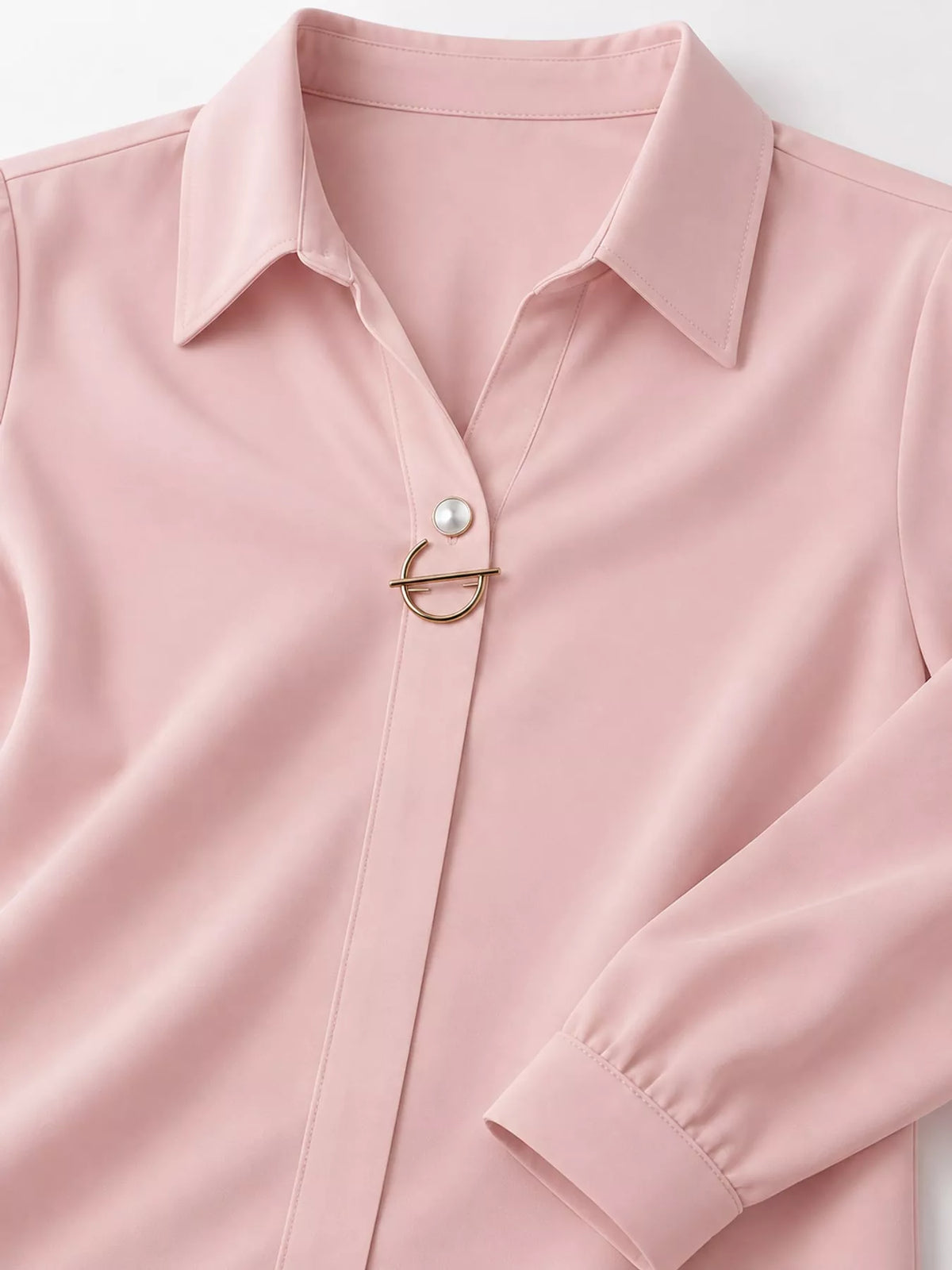 Women's Collared Clasp Detail Long Sleeve Satin Blouse in pale pink — collar detail view