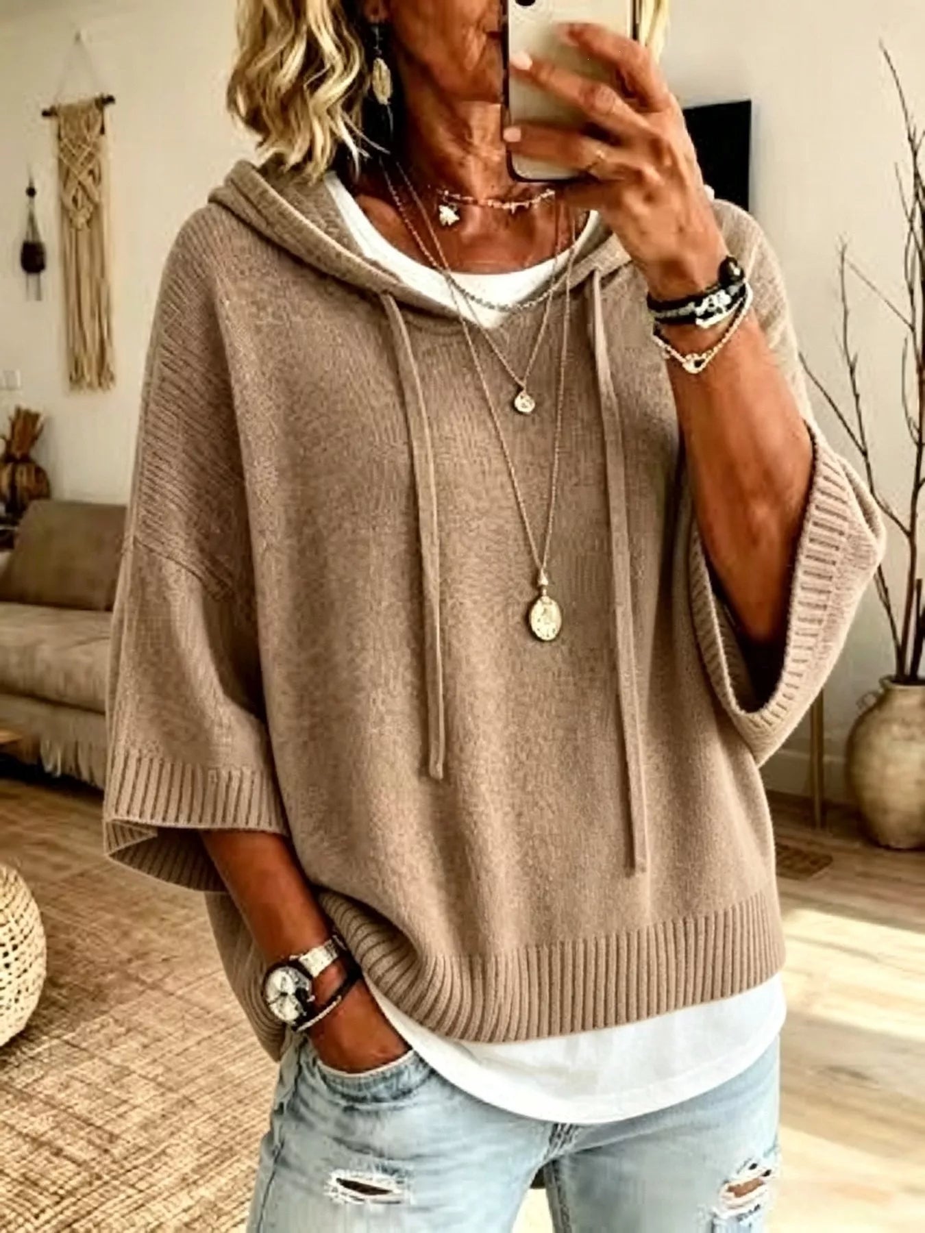 Trendsi Full Size Casual Hooded Batwing Sleeve Knit Sweater Plus Size -