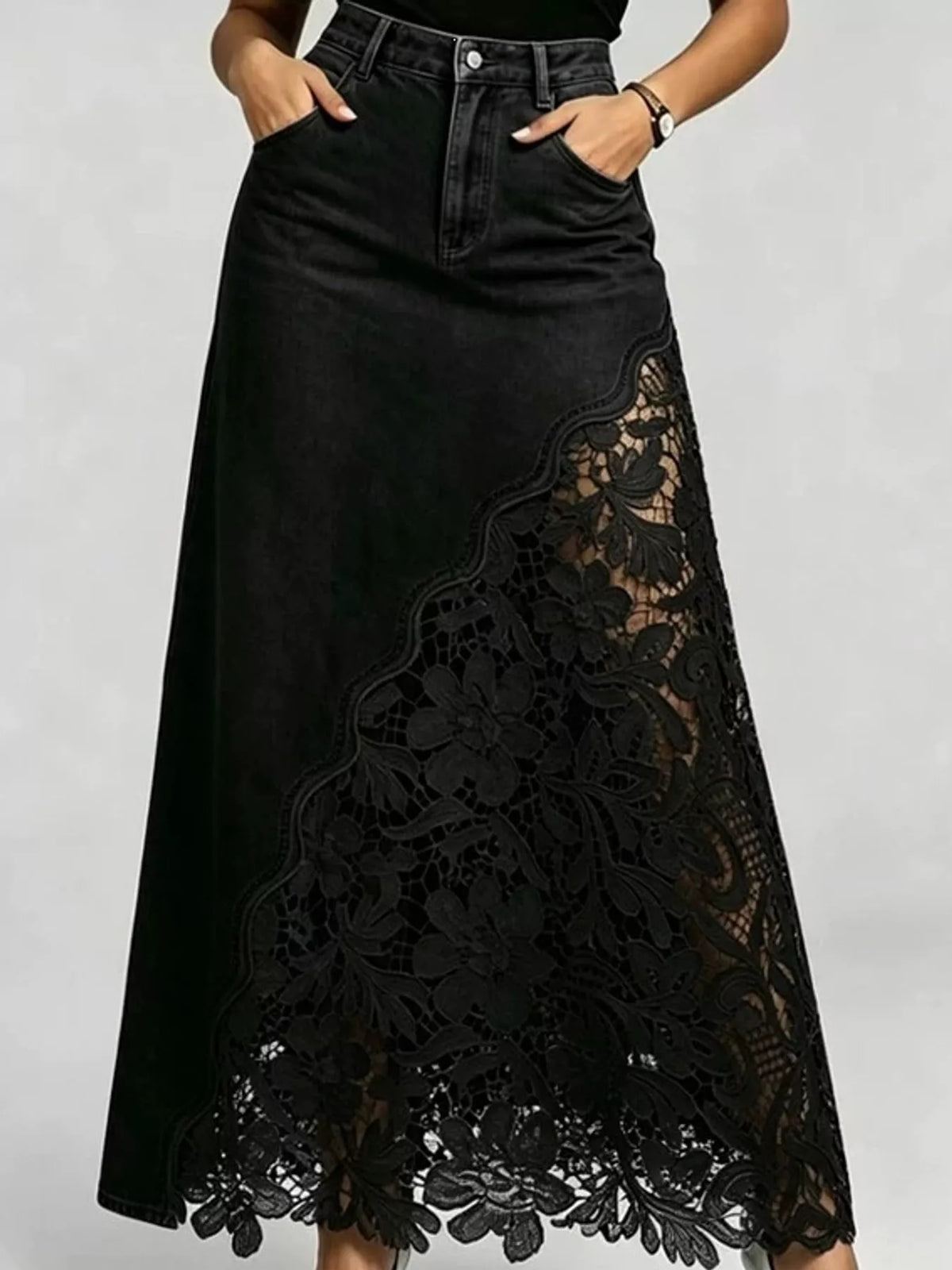 Lace-panel denim skirt, black skirt front