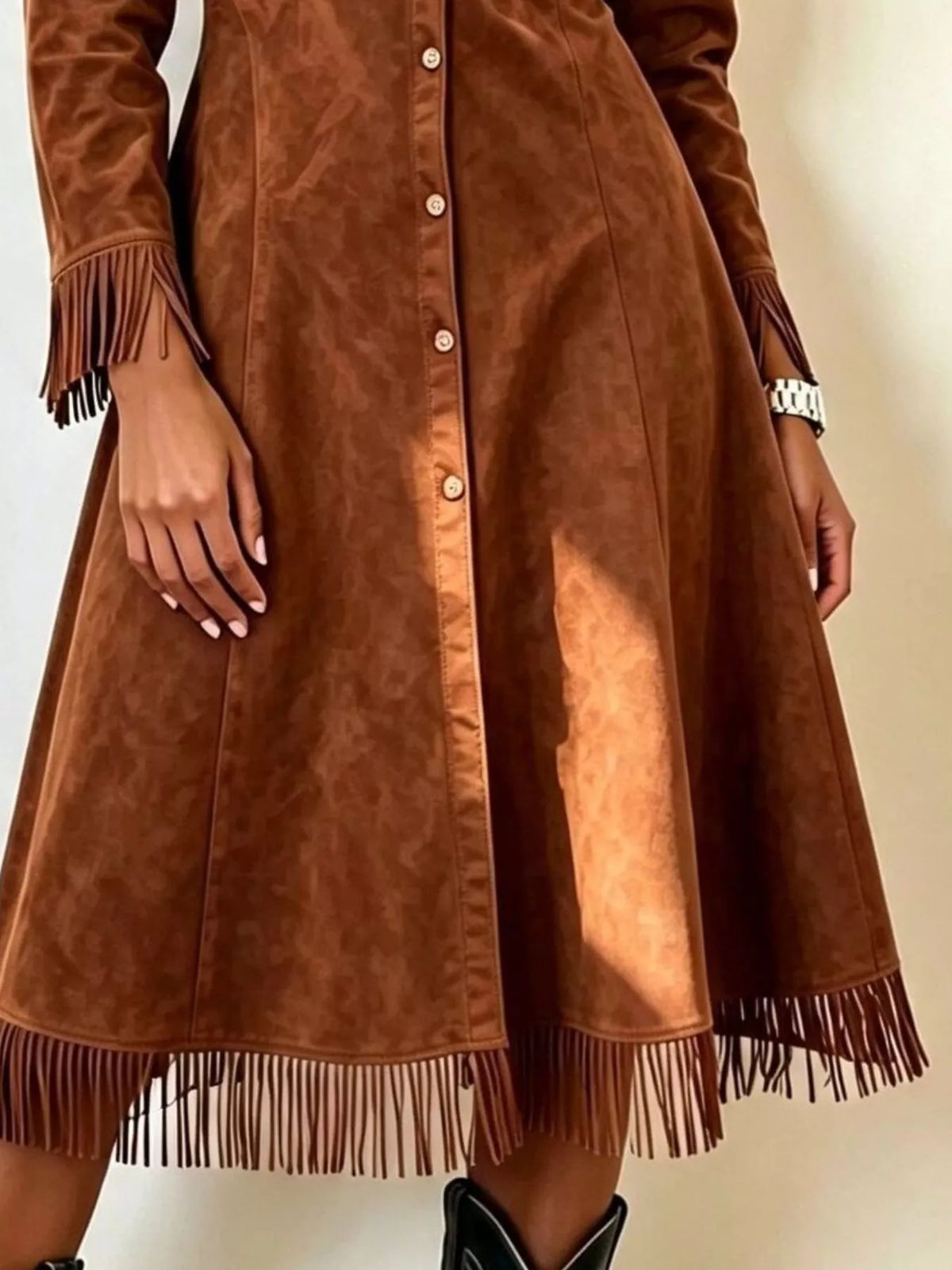 Long Fringe Button-Front Jacket in brown, front view