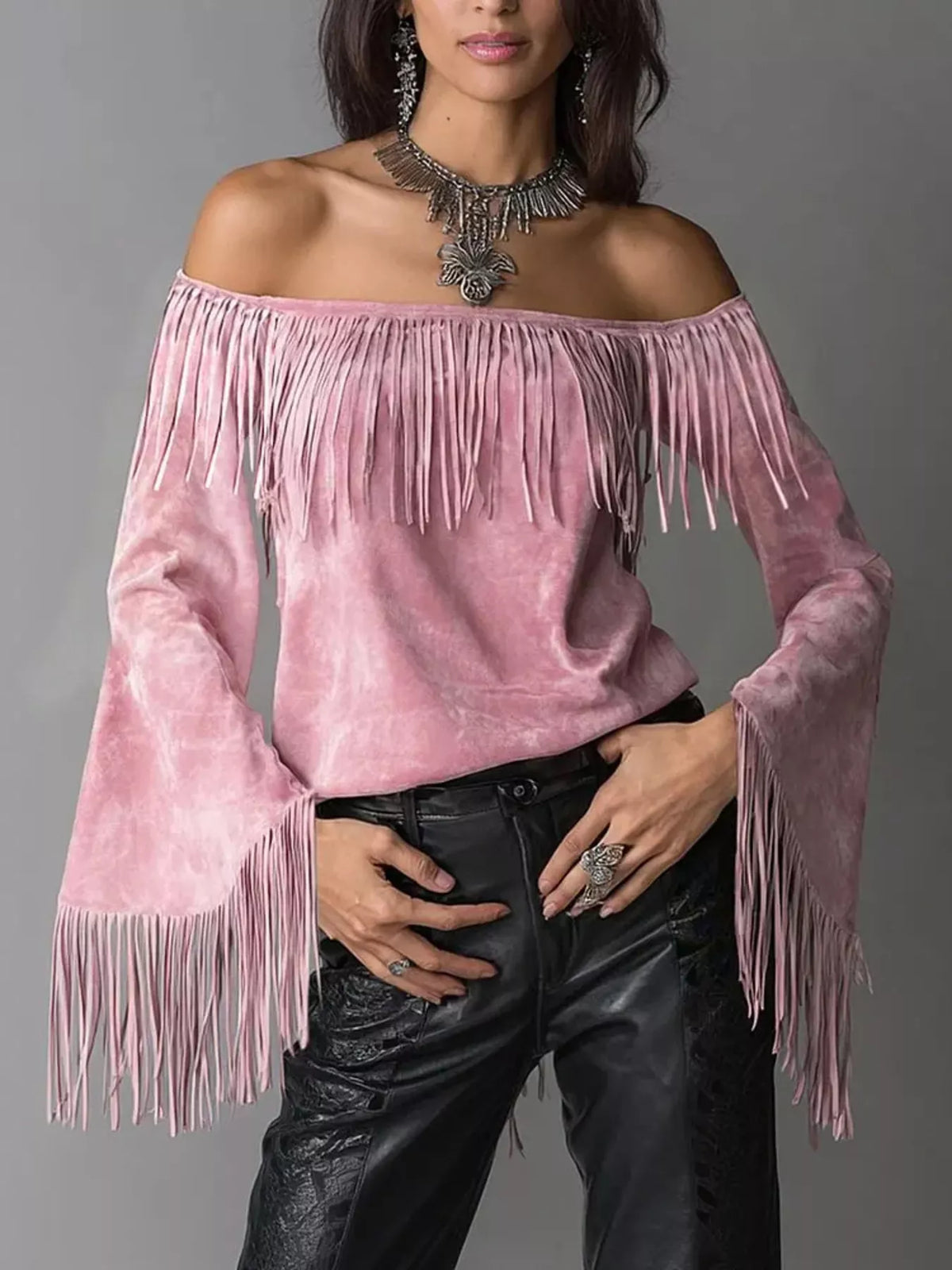 Fringed Off-Shoulder T-Shirt in pink, front view