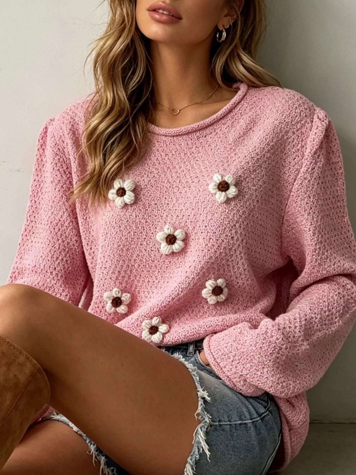 Trendsi Full Size Floral Applique Textured Knit Sweater Plus Size -