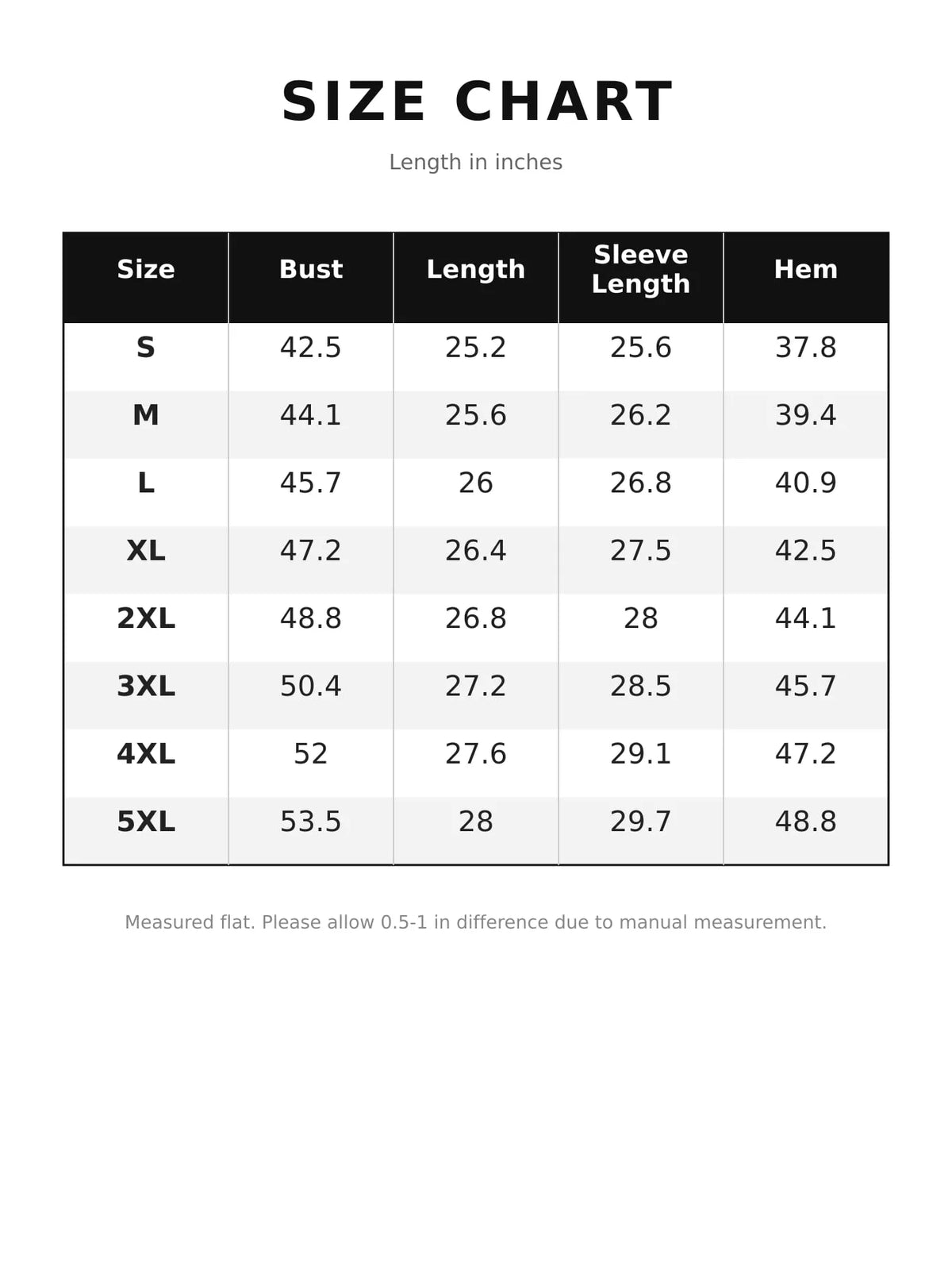 Contrast-Sleeve Zip-Up Denim Jacket — size and measurement chart