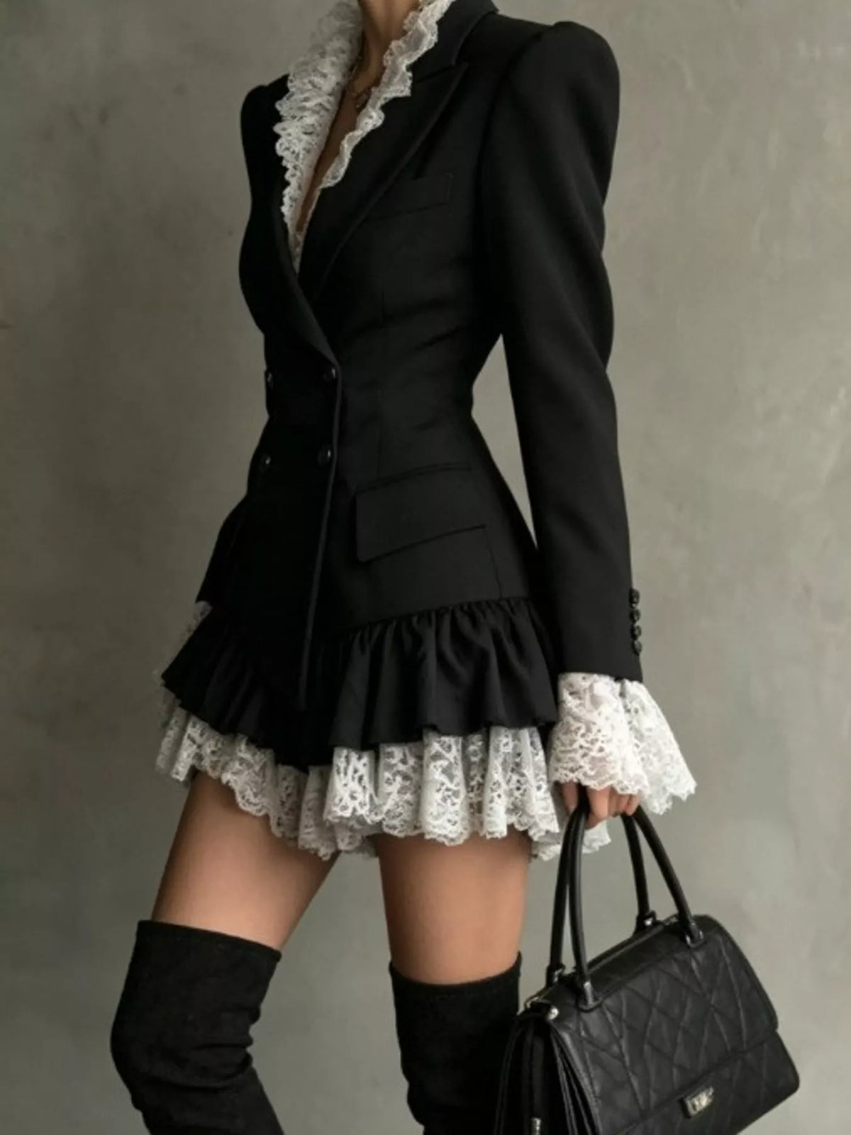 Black lace trim blazer dress, front view