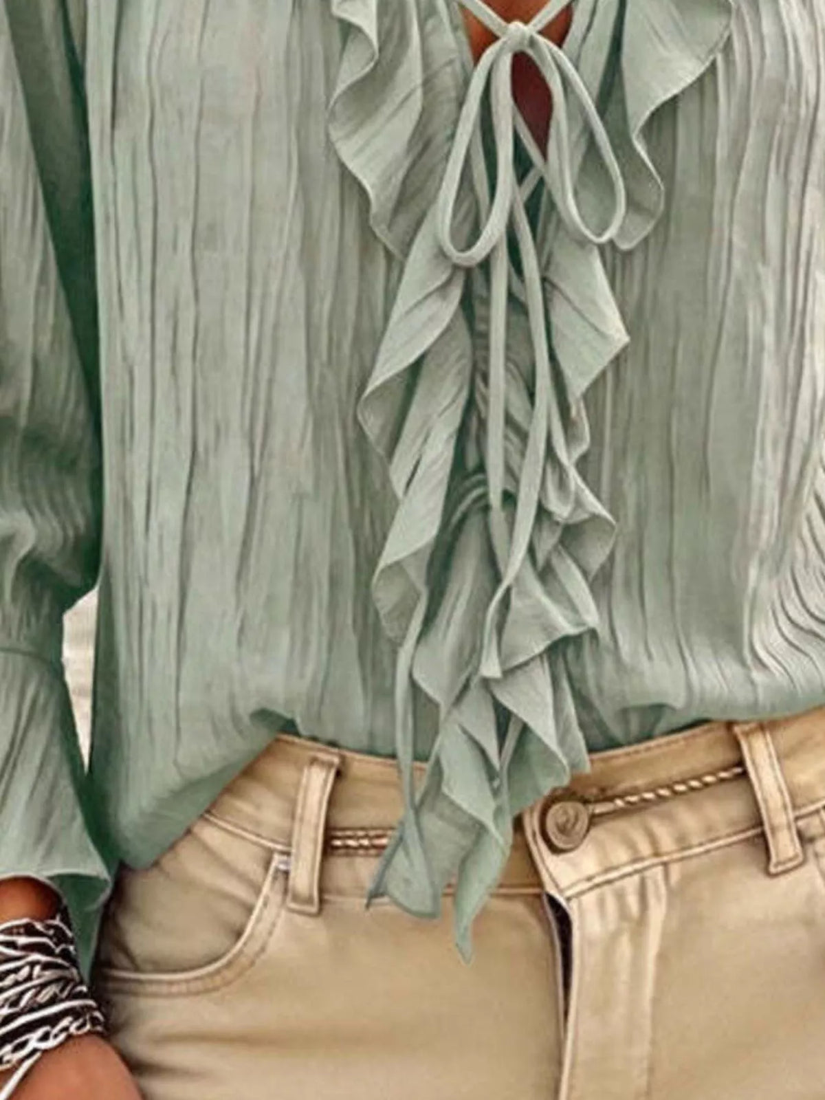 Sage Ruffled Tie Neck Long Sleeve Blouse close-up view