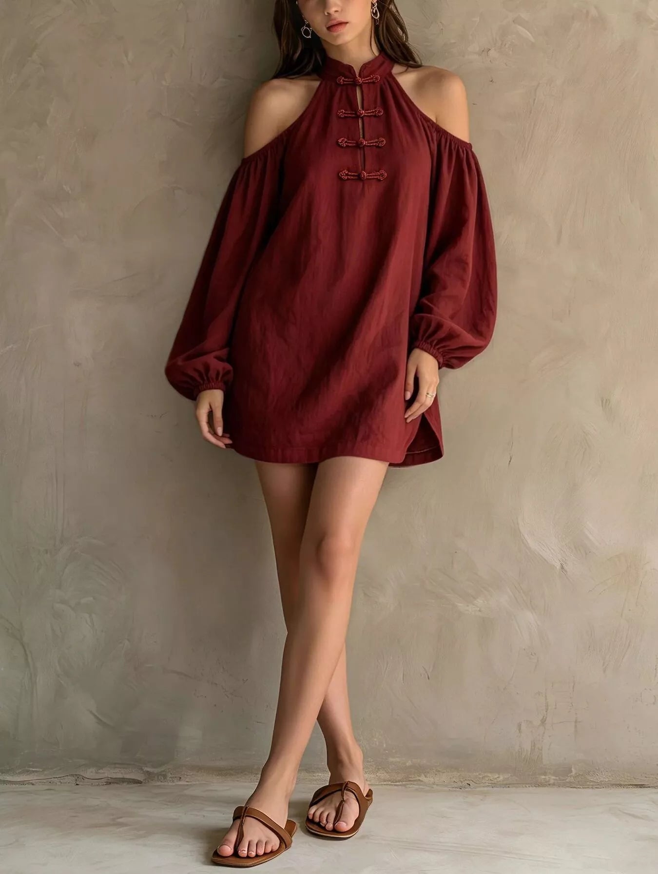 Trendsi Cold-Shoulder Balloon Sleeve Mini Dress -