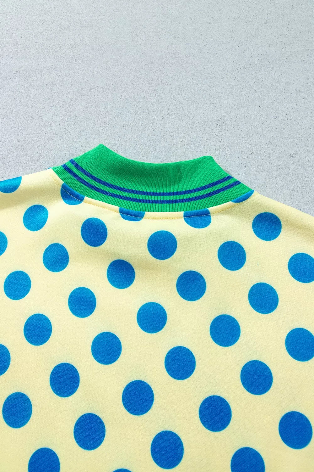 Polka Dot Mock Neck Sweatshirt with Striped Ribbed Trim, back neckline detail