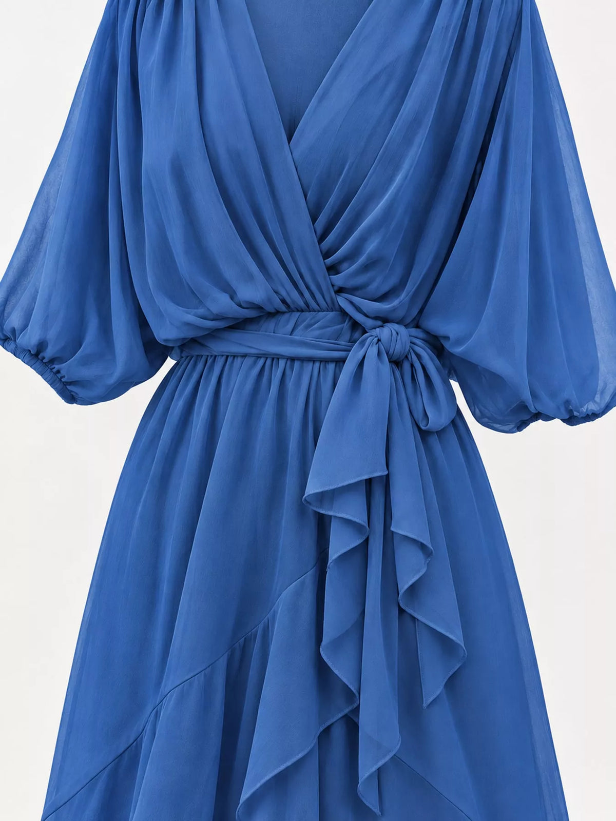 Blue batwing sleeve wrap dress with waist tie, detail view