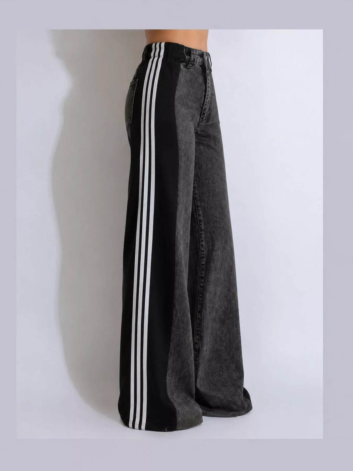 Dark Gray high-waisted wide-leg jeans with side stripe detail
