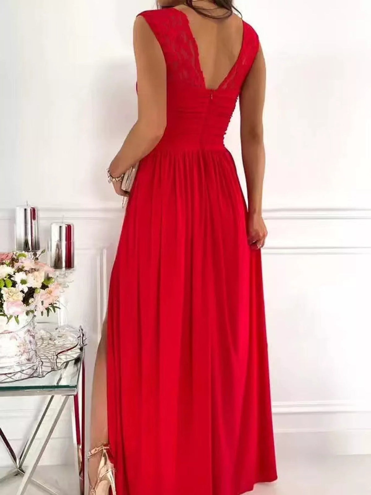Slit Lace Sleeveless Maxi Dress — back view