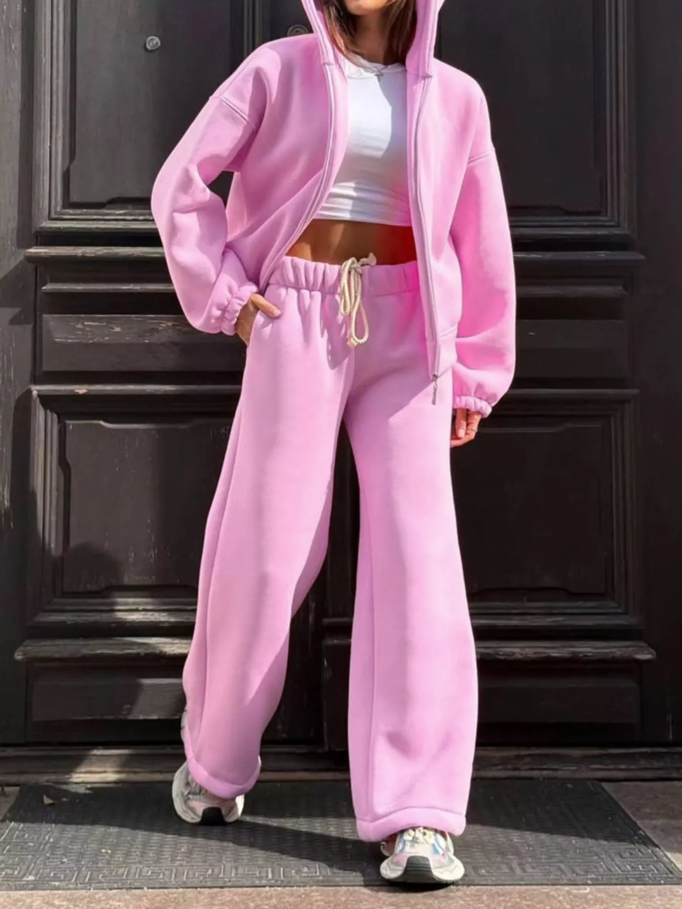 Trendsi Zip-Up Hoodie and Wide-Leg Sweatpants Set -