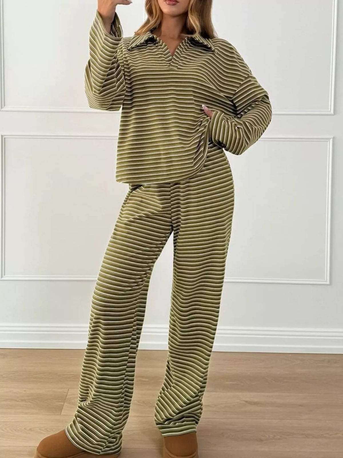 Striped Polo Top and Wide-Leg Pants Set, front view