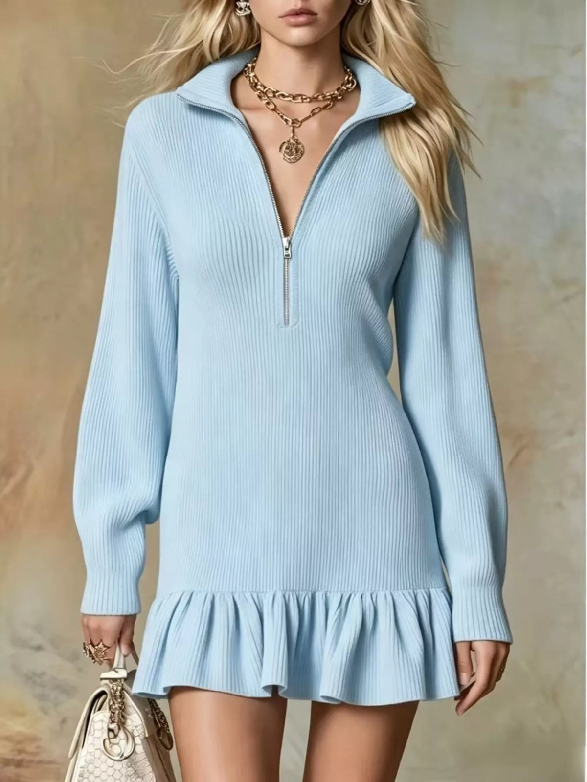 Half Zip Ruffled Hem Dress, front view