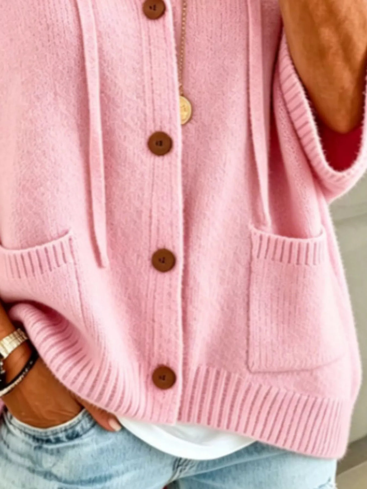 Trendsi Full Size Casual Hooded Button-Down Knit Cardigan with Pockets Plus Size -