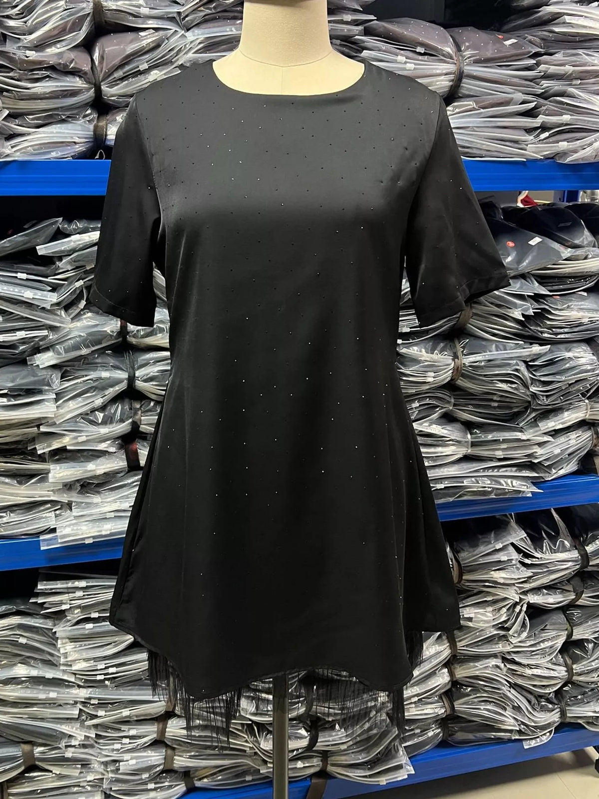 Black rhinestone a line mini dress with tulle hem, front view