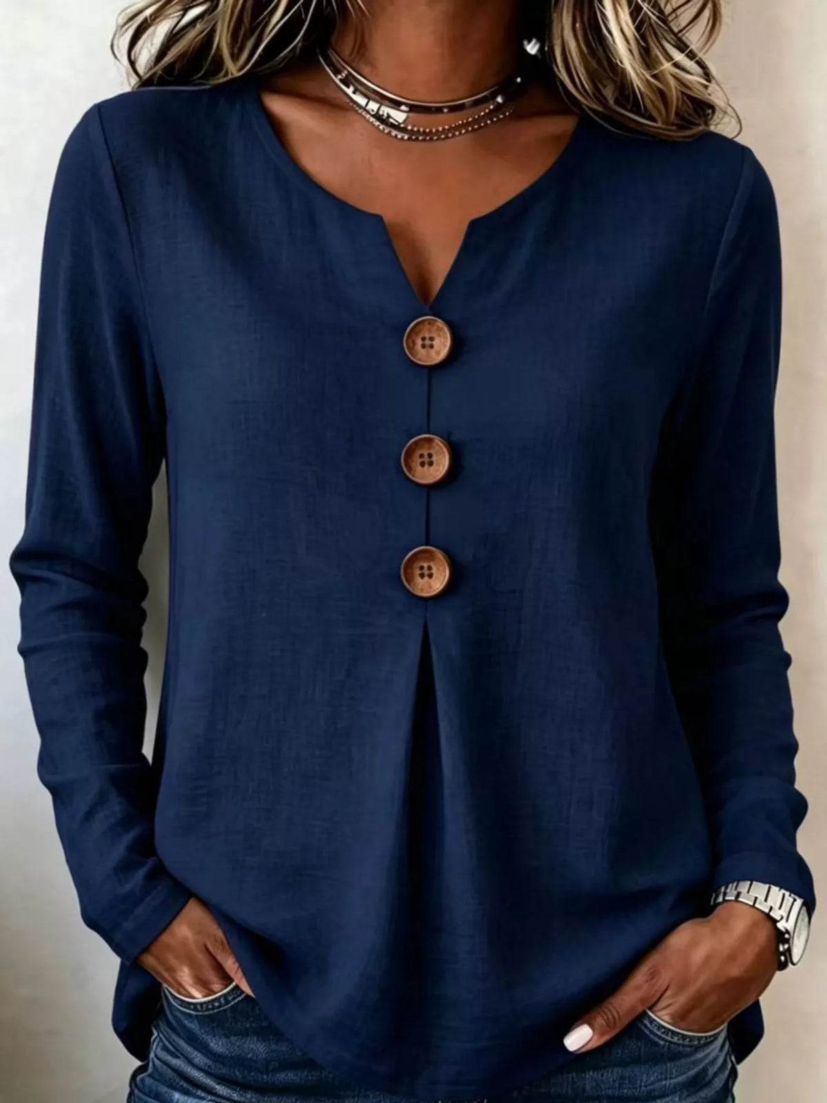 Navy long sleeve decorative button blouse