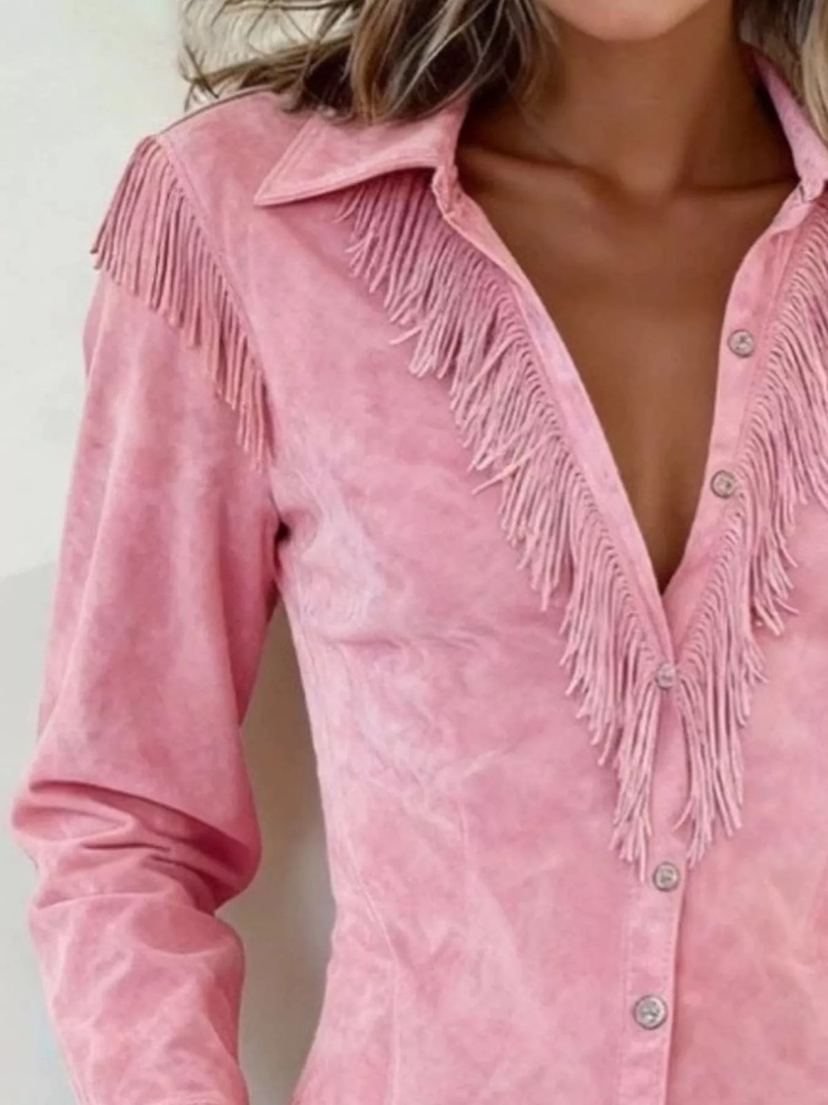 Trendsi Fringed Button Up Long Sleeve Shirt -