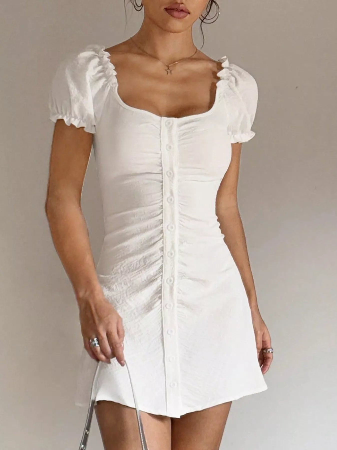Trendsi Ruched Button-Front Puff Sleeve Mini Dress - Dresses