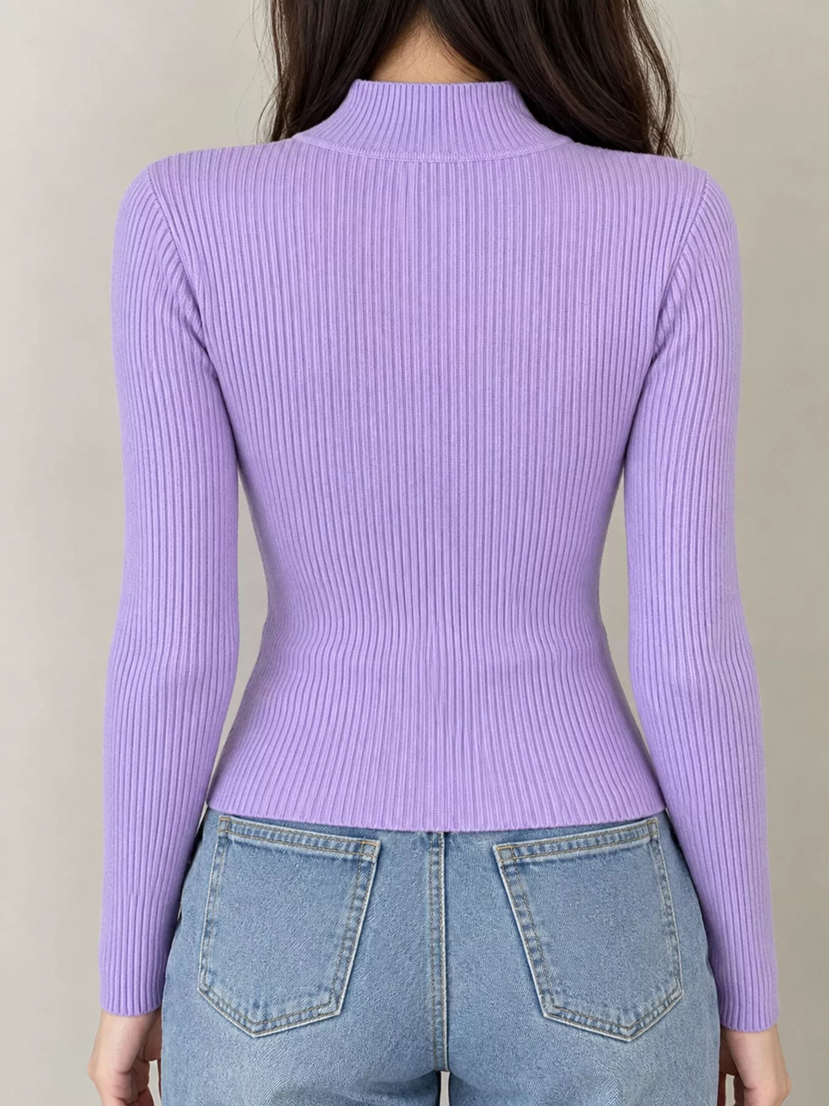 Lavender ribbed mock neck long sleeve knit top, back view