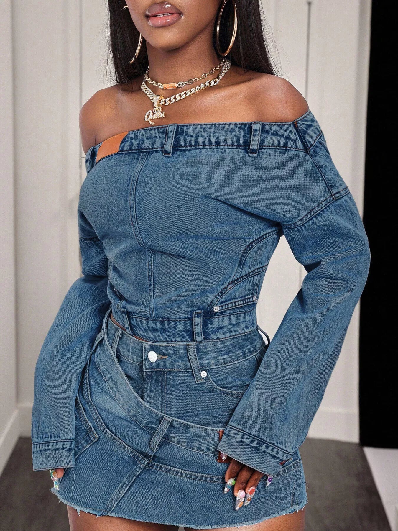 Trendsi Off-Shoulder Long Sleeve Denim Top -