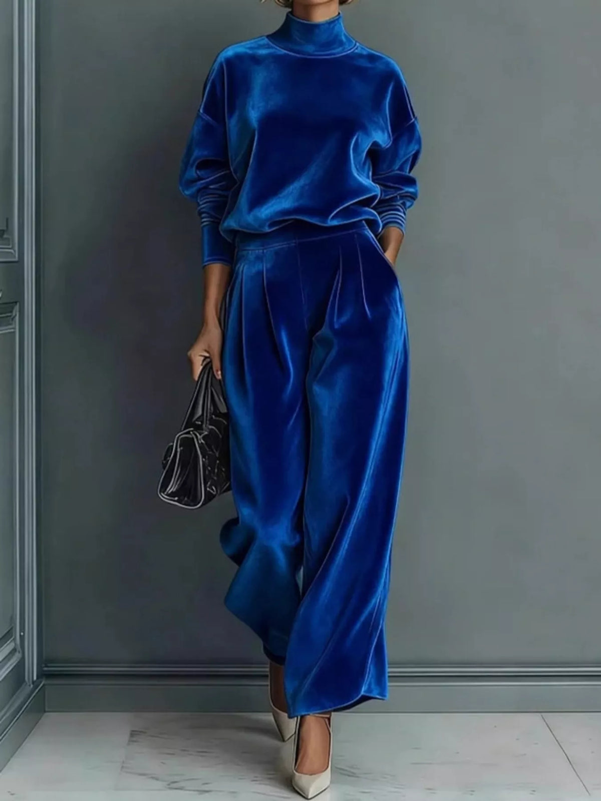 Blue velvet mock neck top and wide-leg pants set