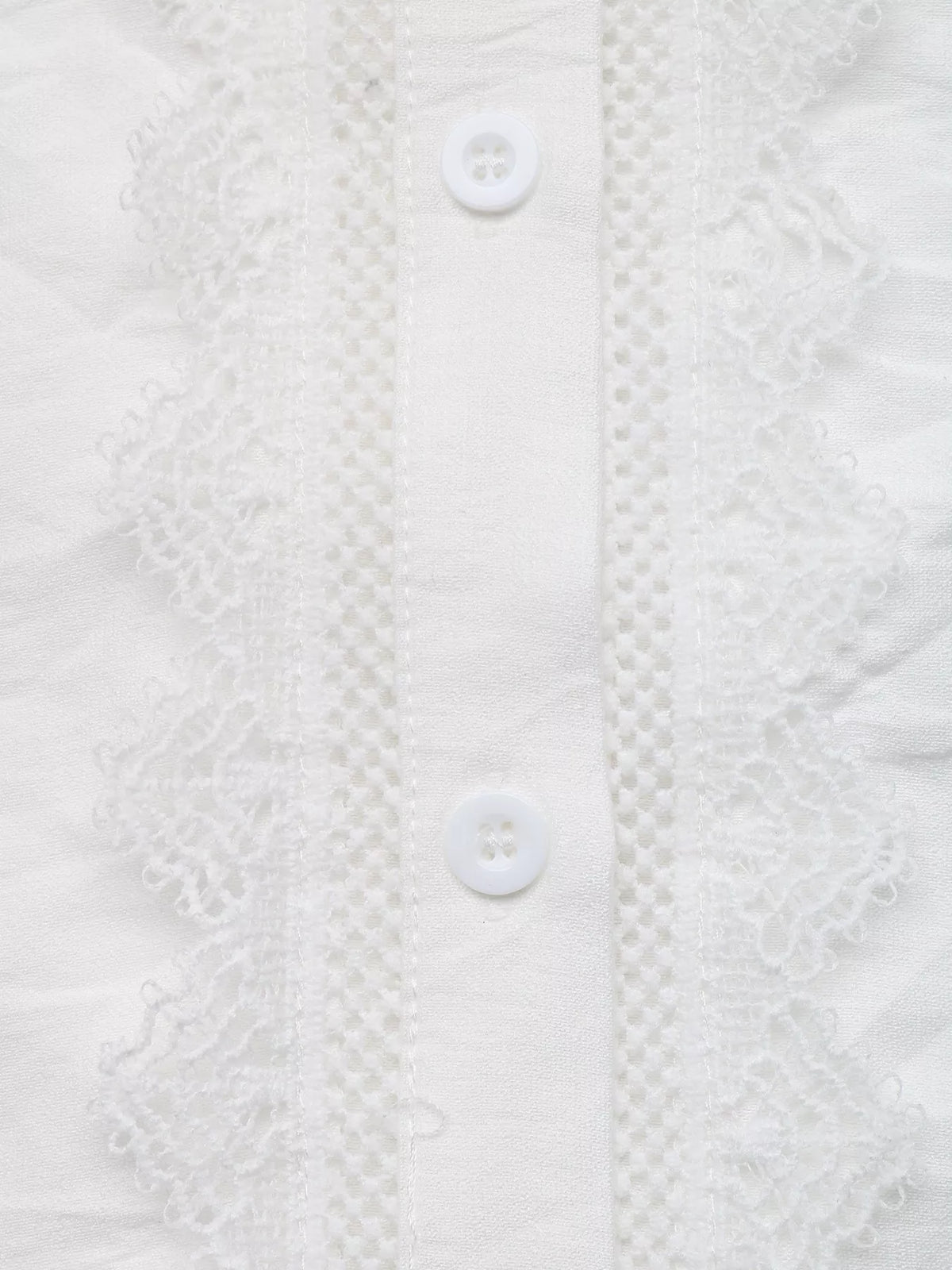 White lace-trimmed button-down shirt, lace and button detail