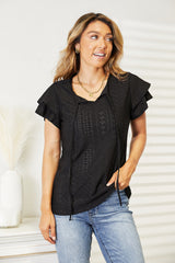 Trendsi Mandy Eyelet Tie-Neck Flutter Sleeve Blouse -