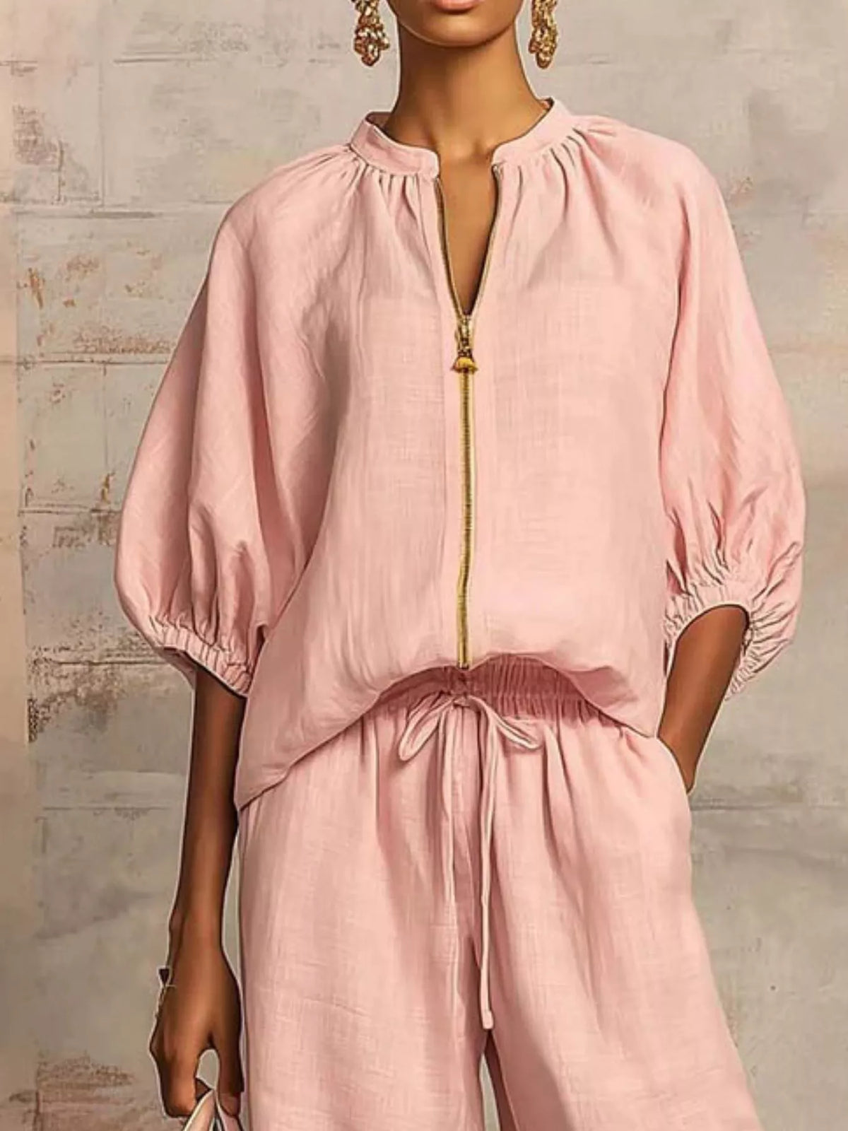 Zip-front top and wide-leg pants set