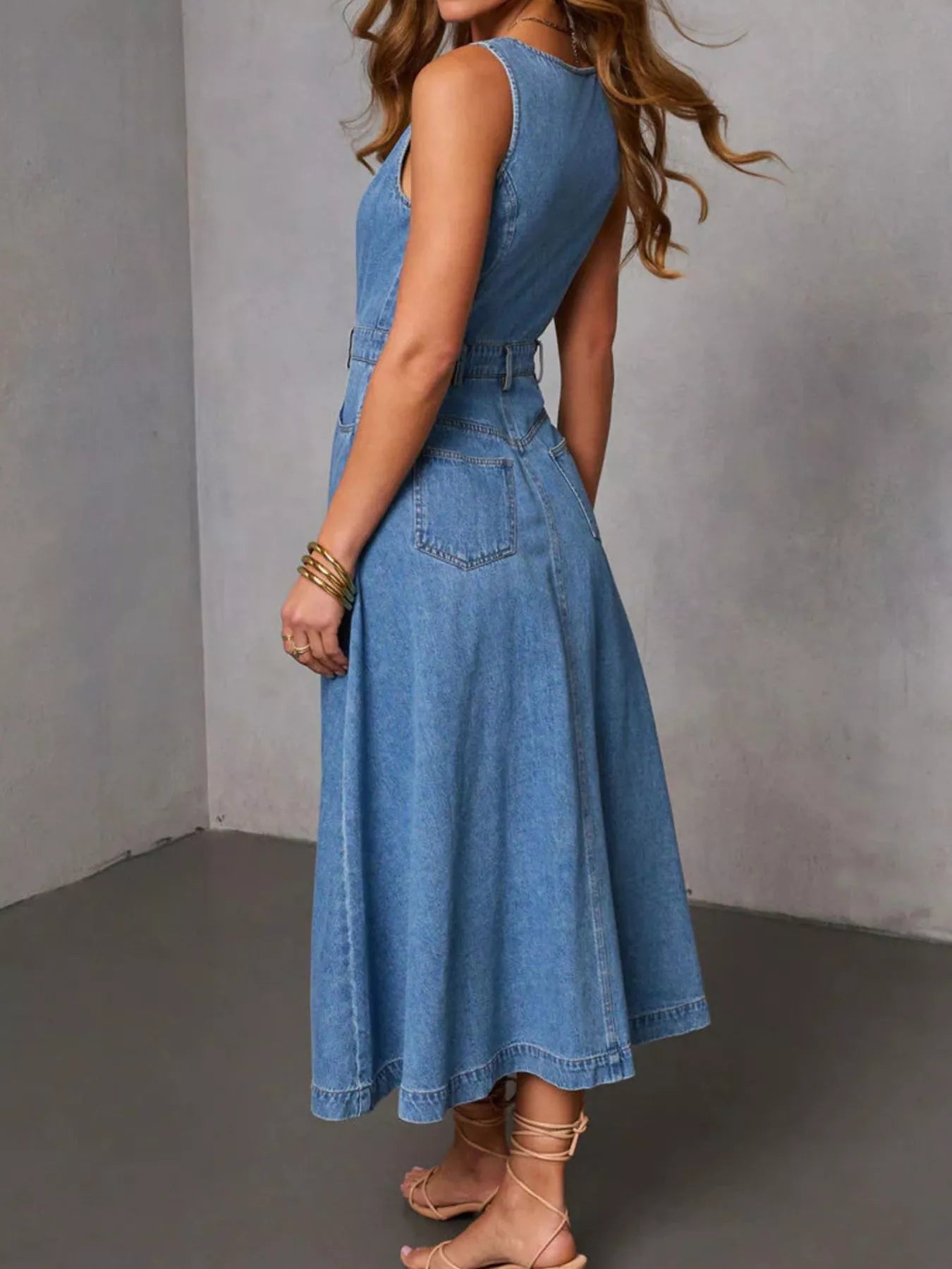 Trendsi Sleeveless Button-Down Denim Midi Dress -