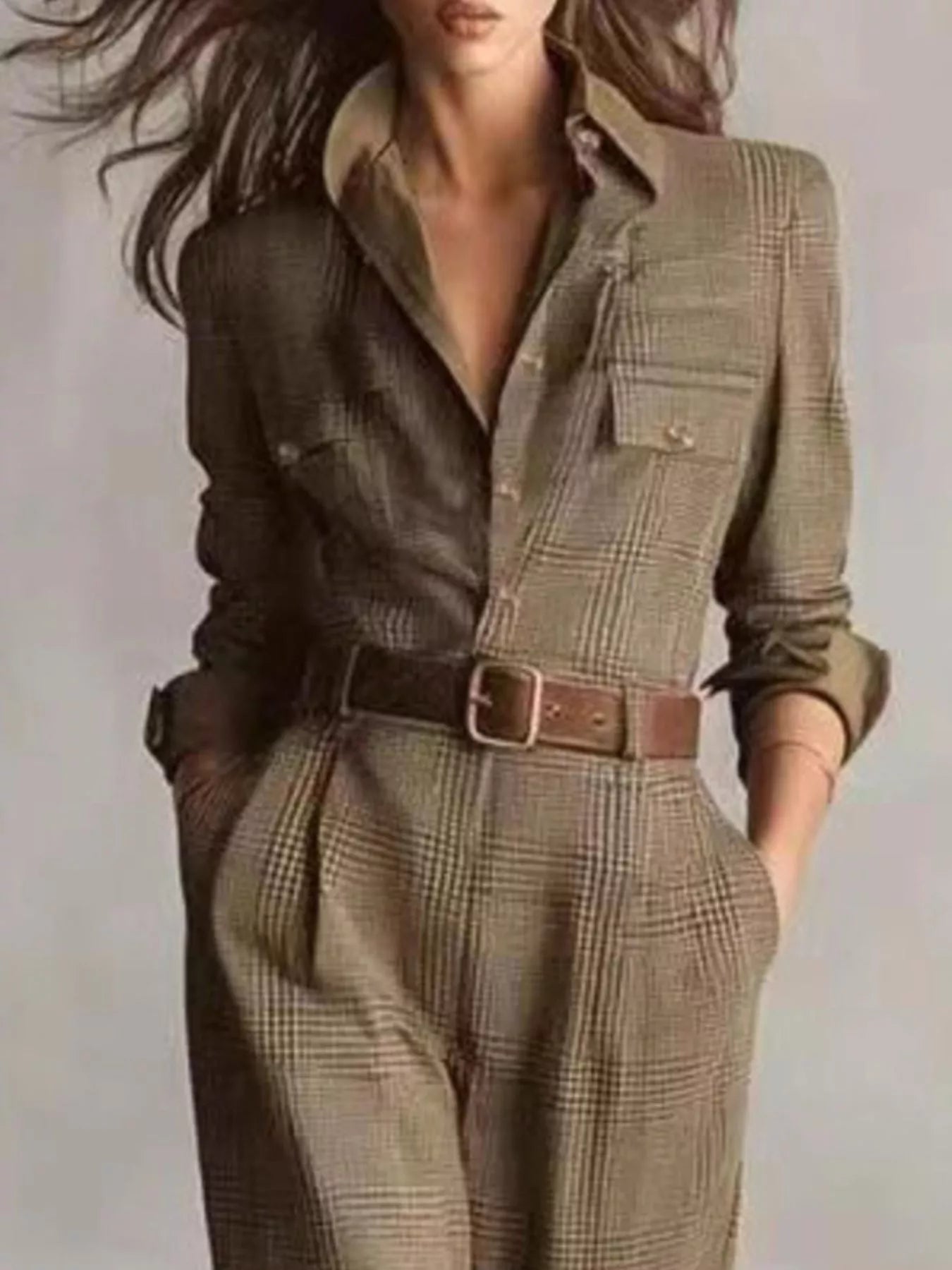 Trendsi Plaid Long Sleeve Button Front Jumpsuit -