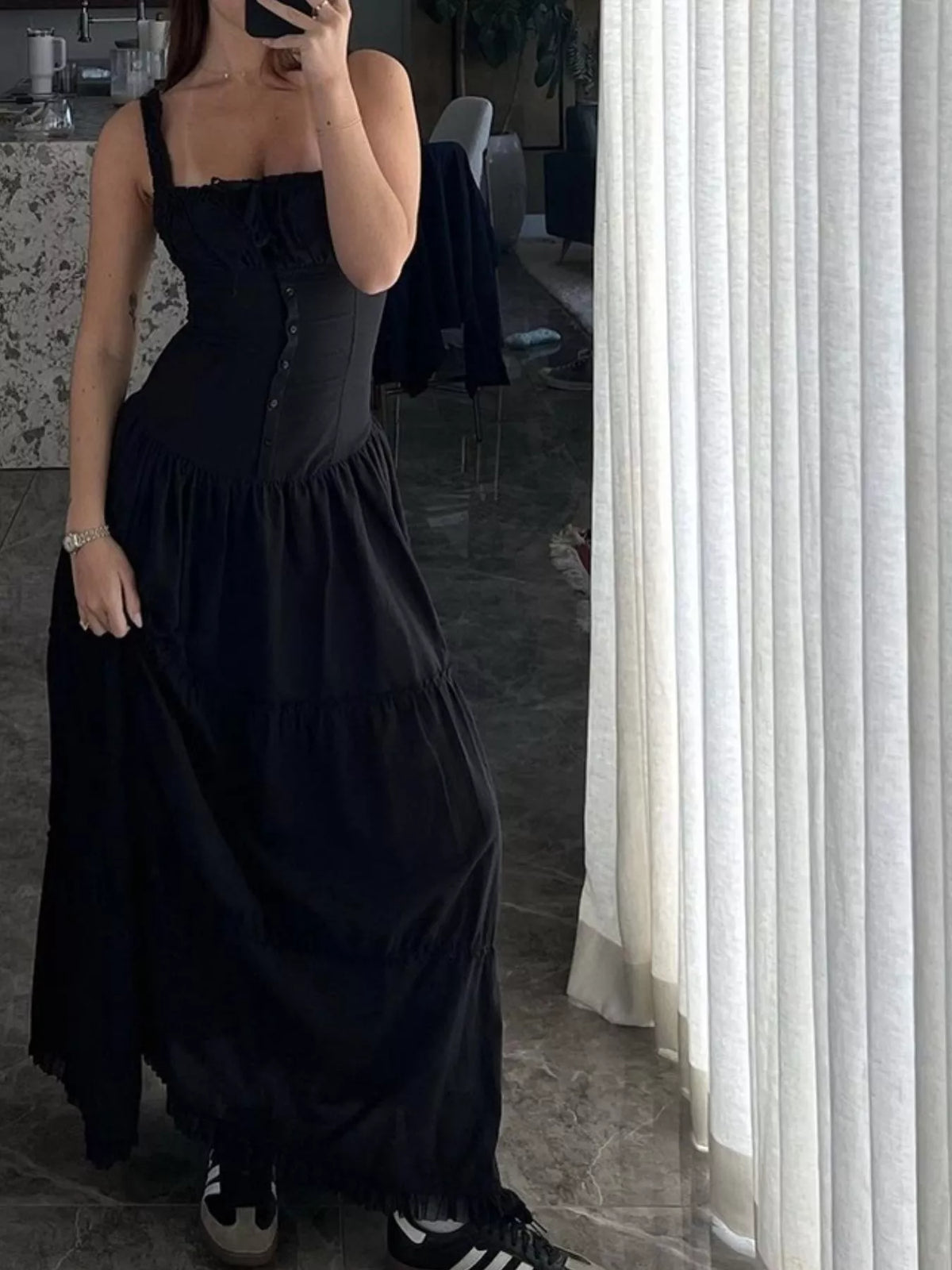 Women's Ruffled Square Neck Tiered Maxi Dress in black — front view