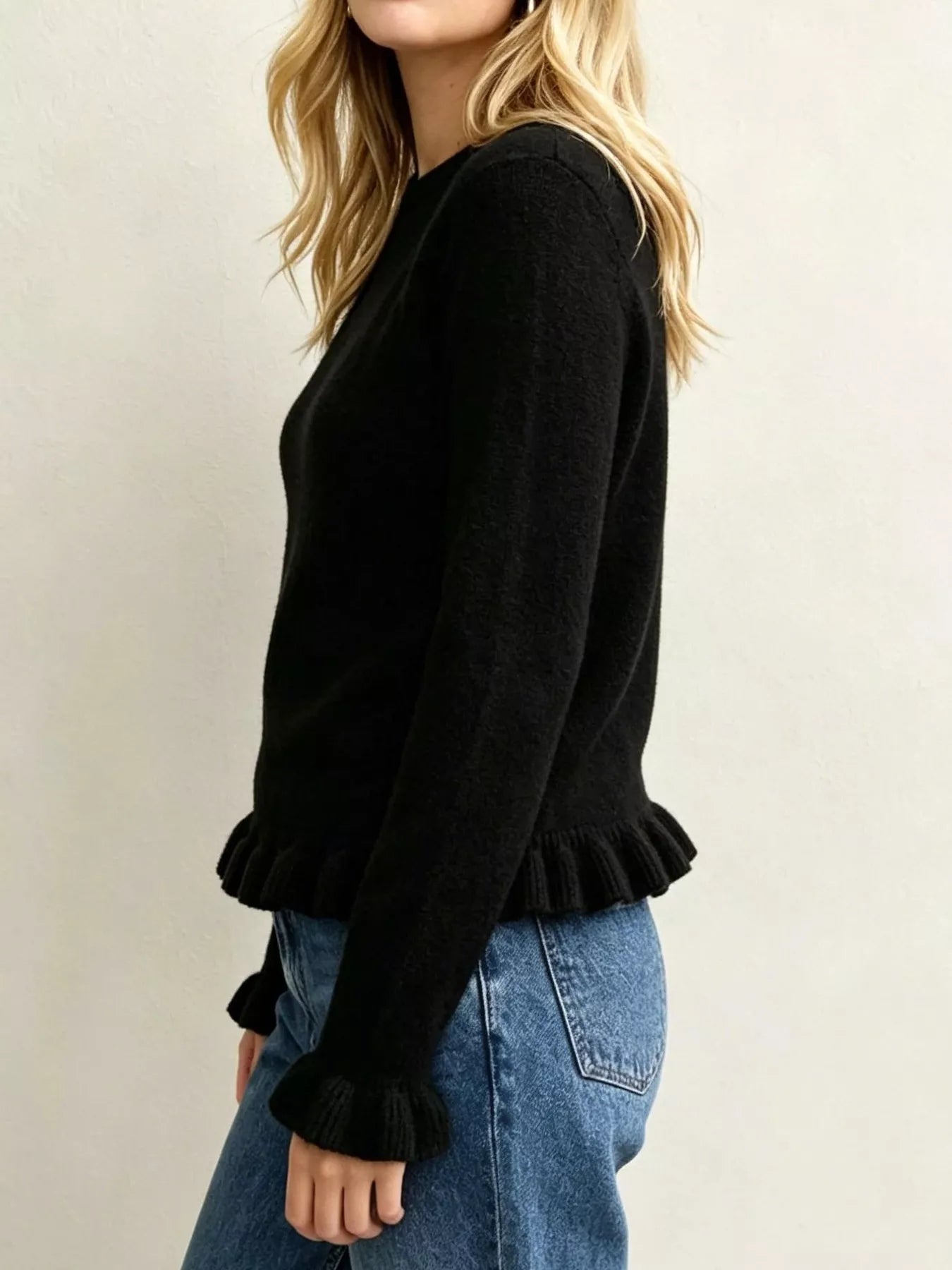 Trendsi Ruffle-Trimmed Crew Neck Sweater -