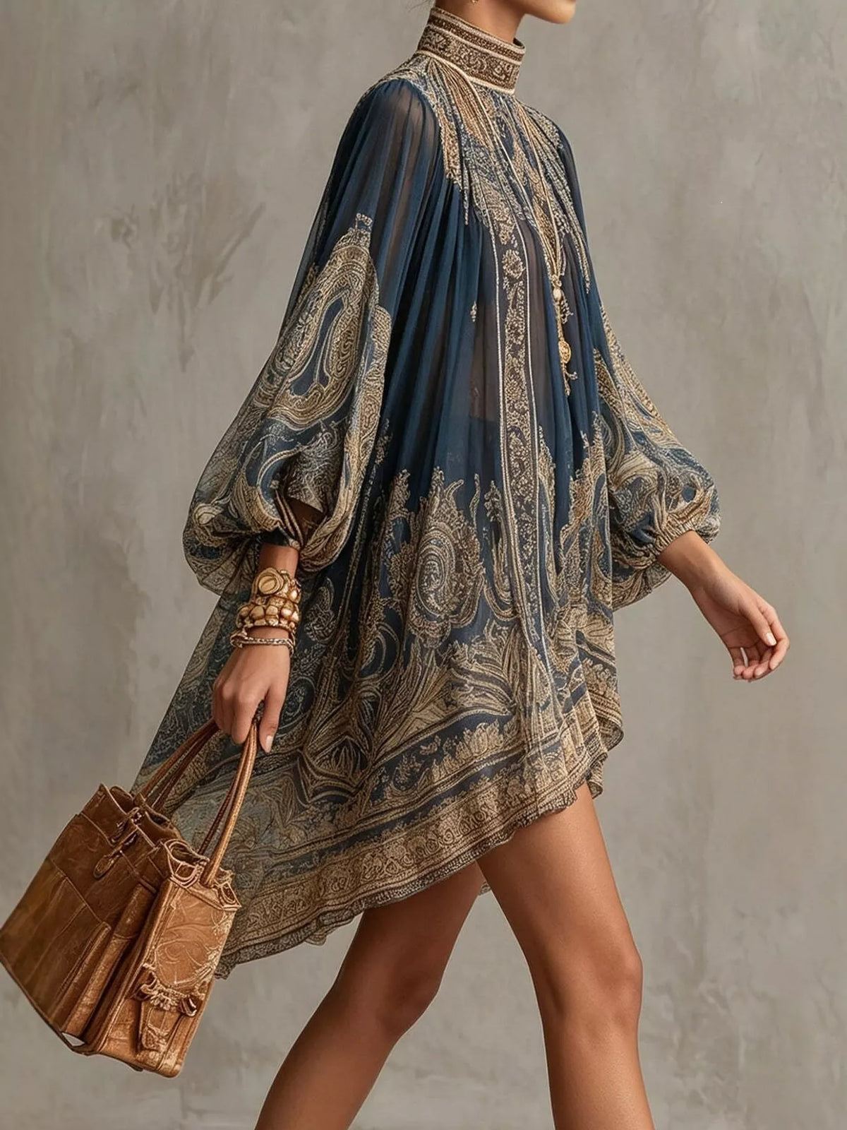 Women's Paisley Print Chiffon High-Low Mini Dress in navy and tan — side view